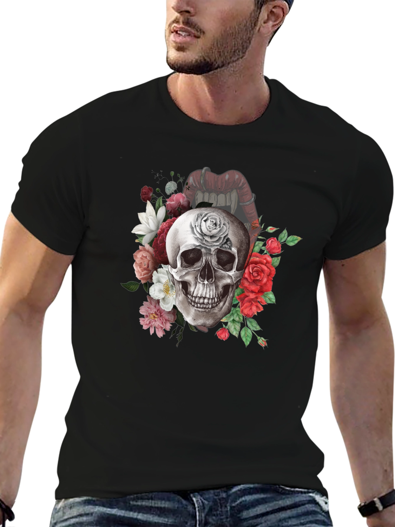 Floral Skull Graphic Tee - Gothic Style