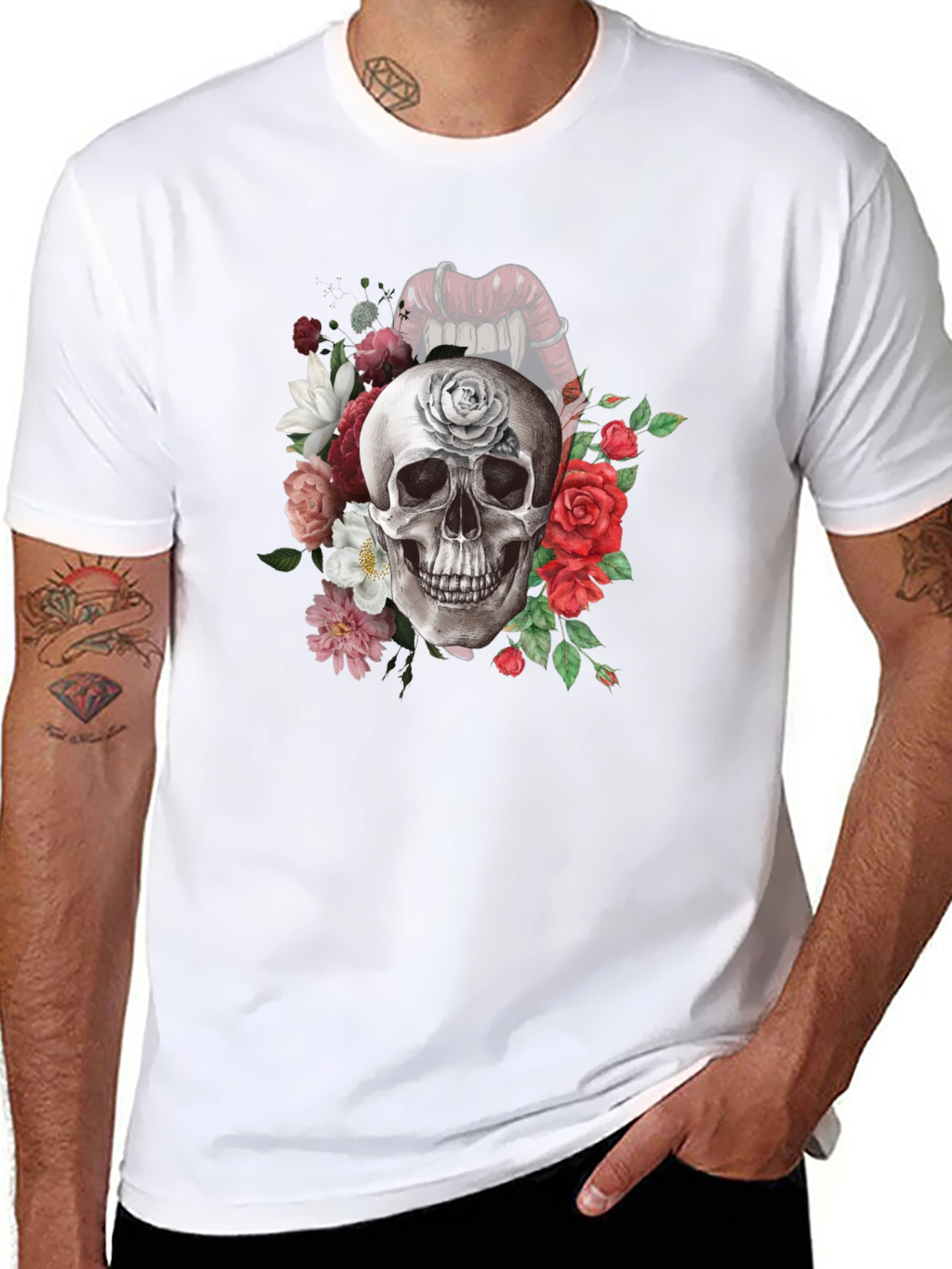 Floral Skull Graphic Tee - Gothic Style