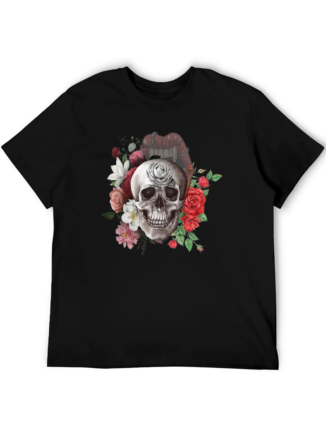 Floral Skull Graphic Tee - Gothic Style