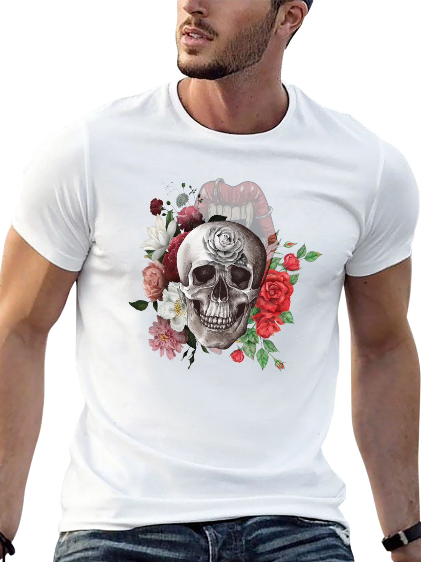 Floral Skull Graphic Tee - Gothic Style