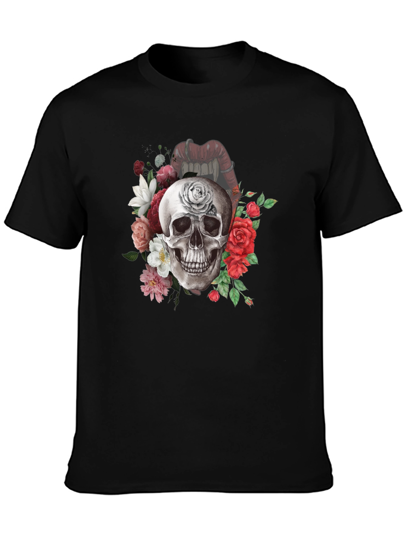 Floral Skull Graphic Tee - Gothic Style