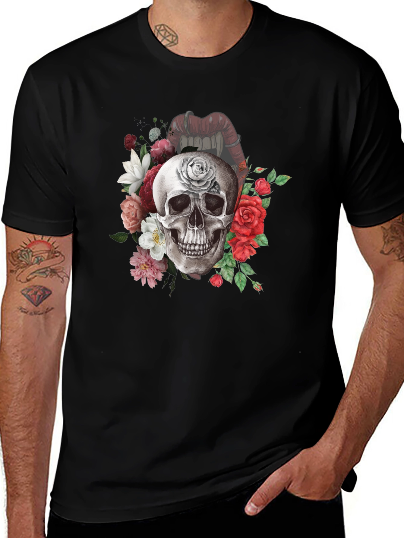 Floral Skull Graphic Tee - Gothic Style