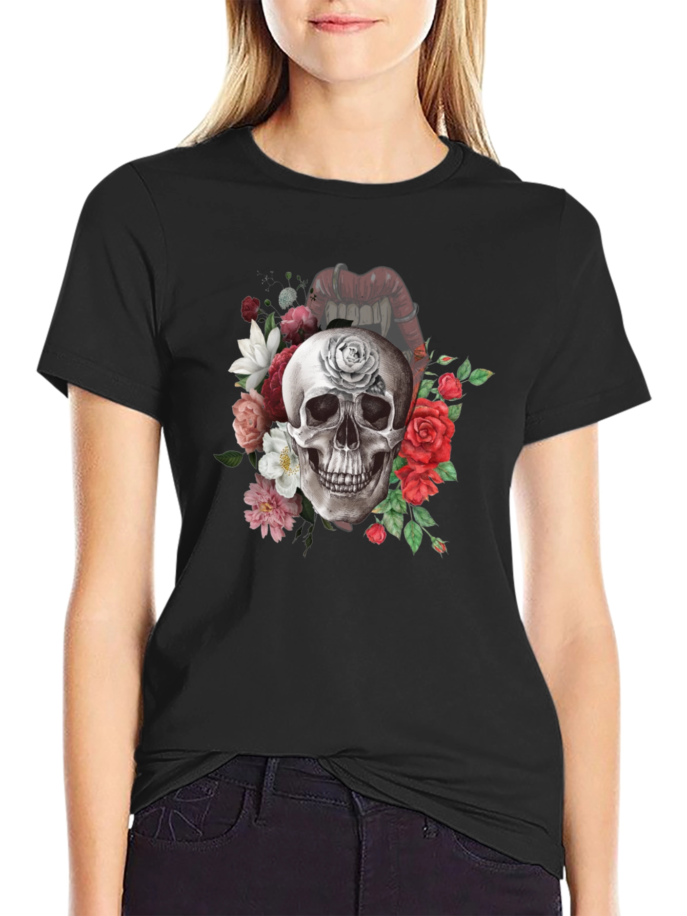 Floral Skull Graphic Tee - Gothic Style
