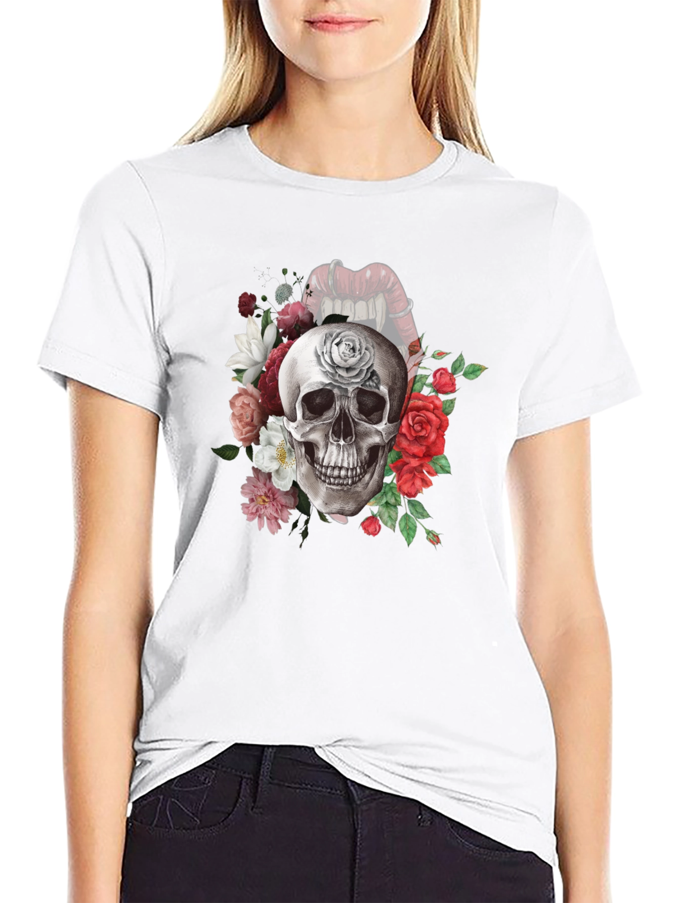 Floral Skull Graphic Tee - Gothic Style