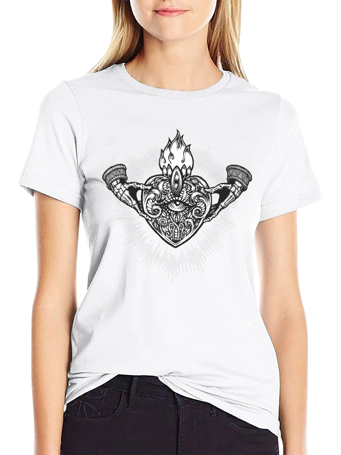 Graphic Print Heart and Skeleton Hands Black T-Shirt