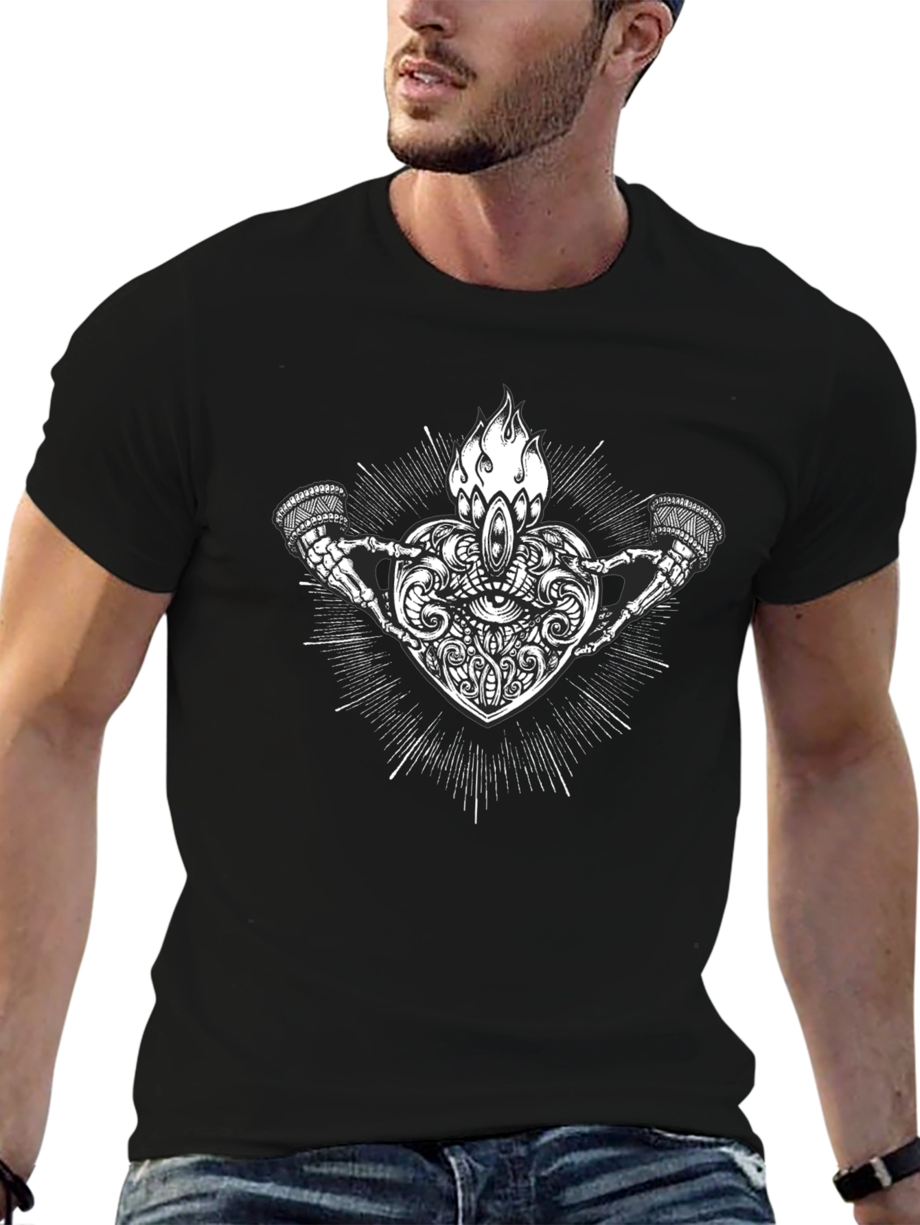 Graphic Print Heart and Skeleton Hands Black T-Shirt
