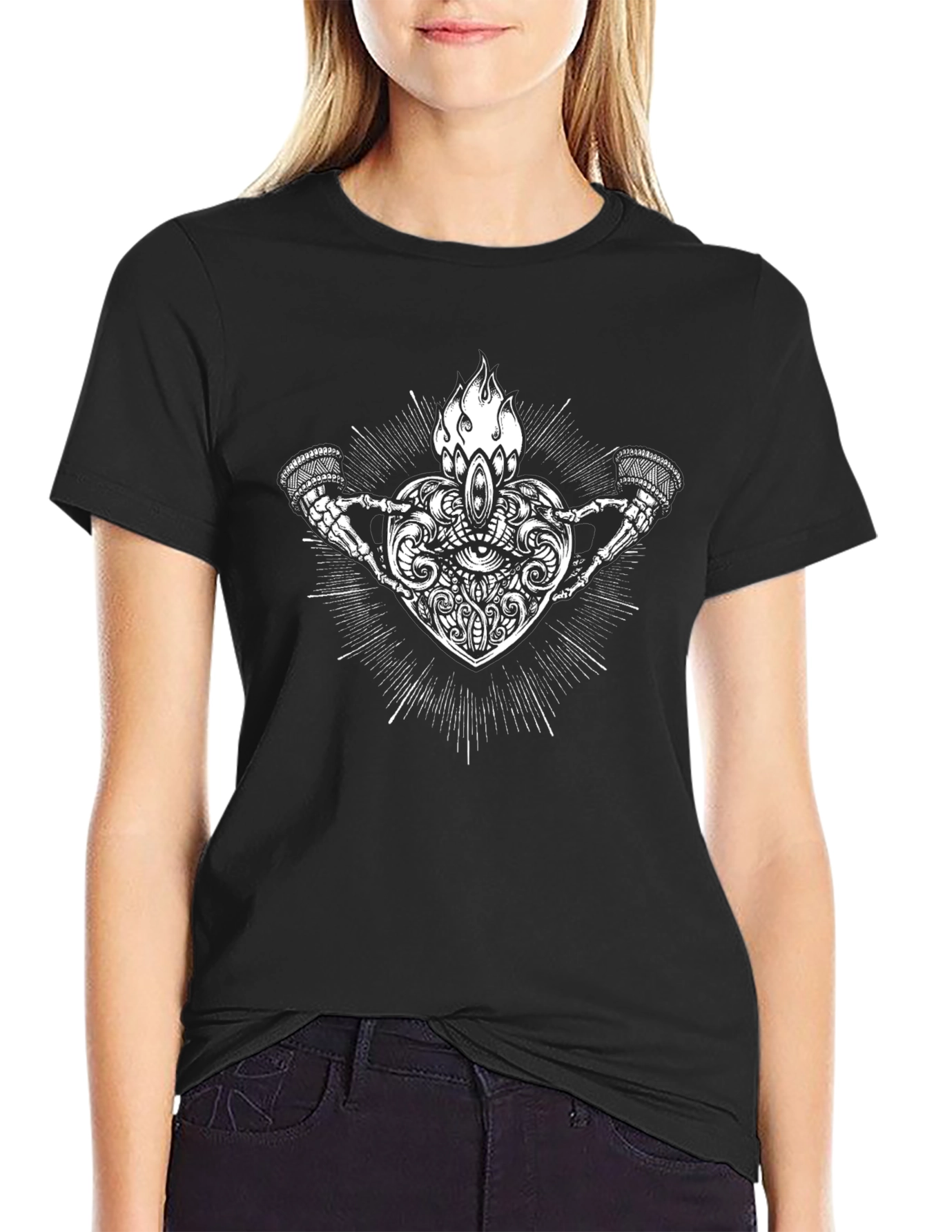 Graphic Print Heart and Skeleton Hands Black T-Shirt