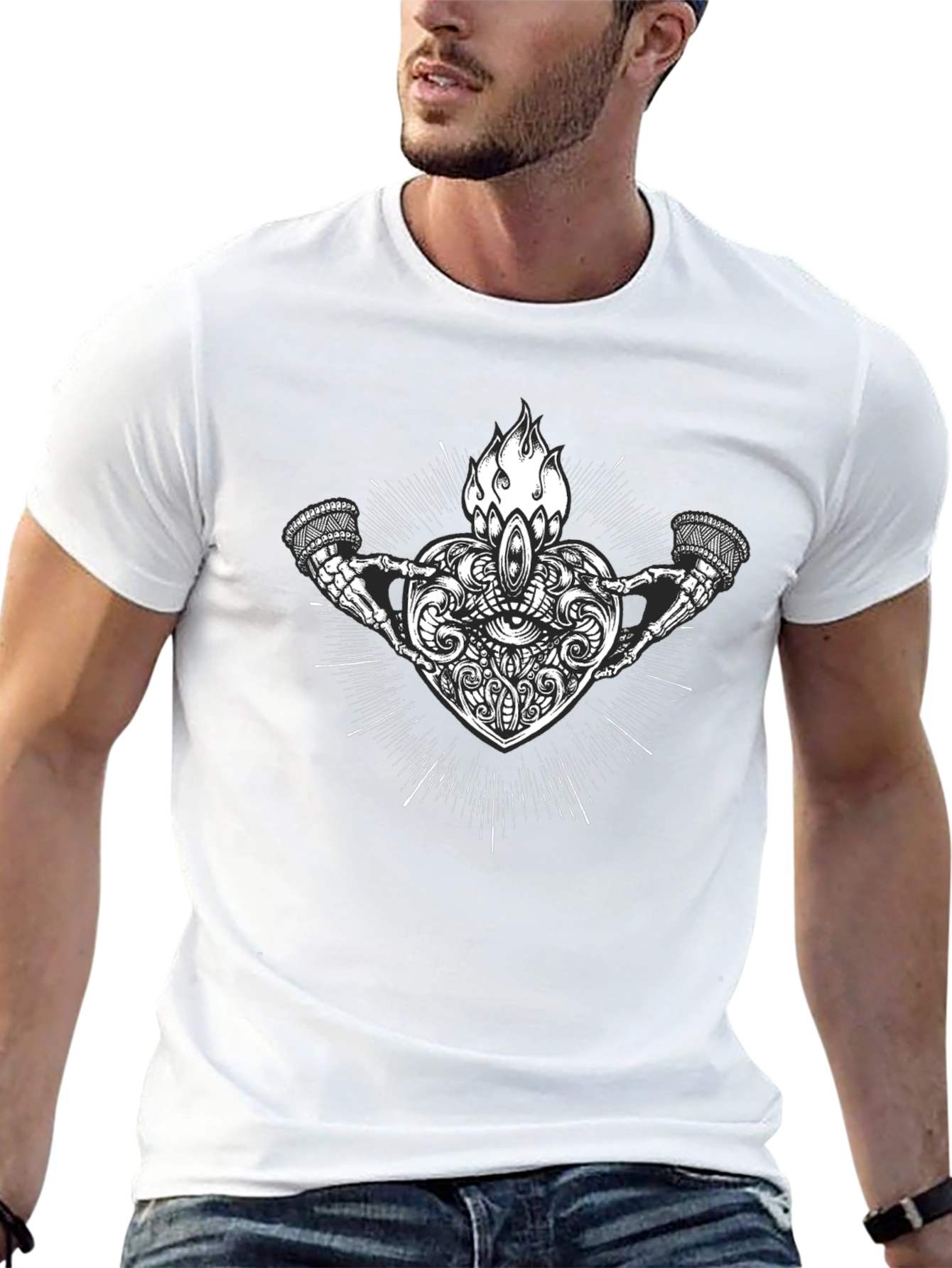 Graphic Print Heart and Skeleton Hands Black T-Shirt