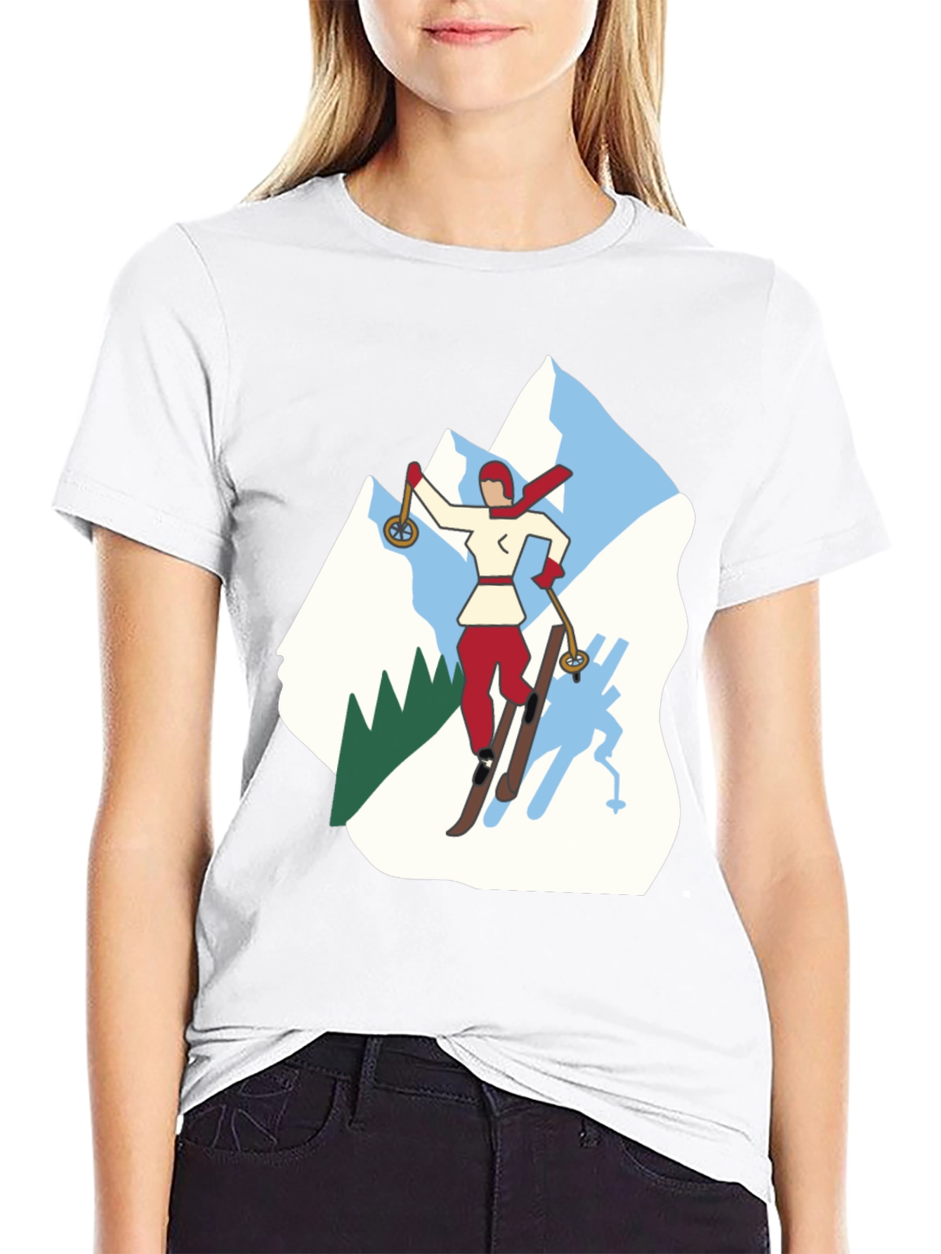 Retro Skiing Graphic Tee - Black Cotton T-Shirt