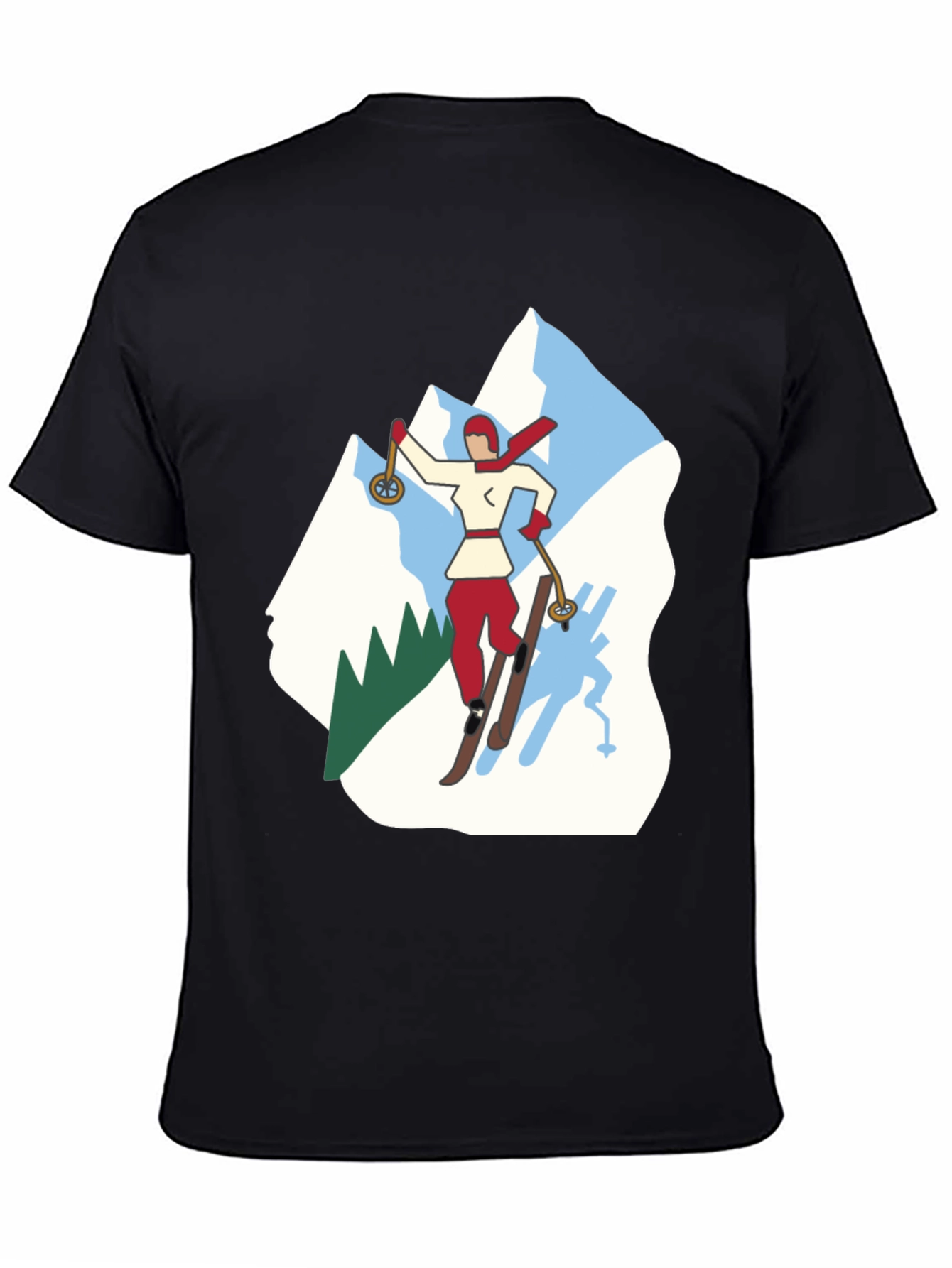 Retro Skiing Graphic Tee - Black Cotton T-Shirt