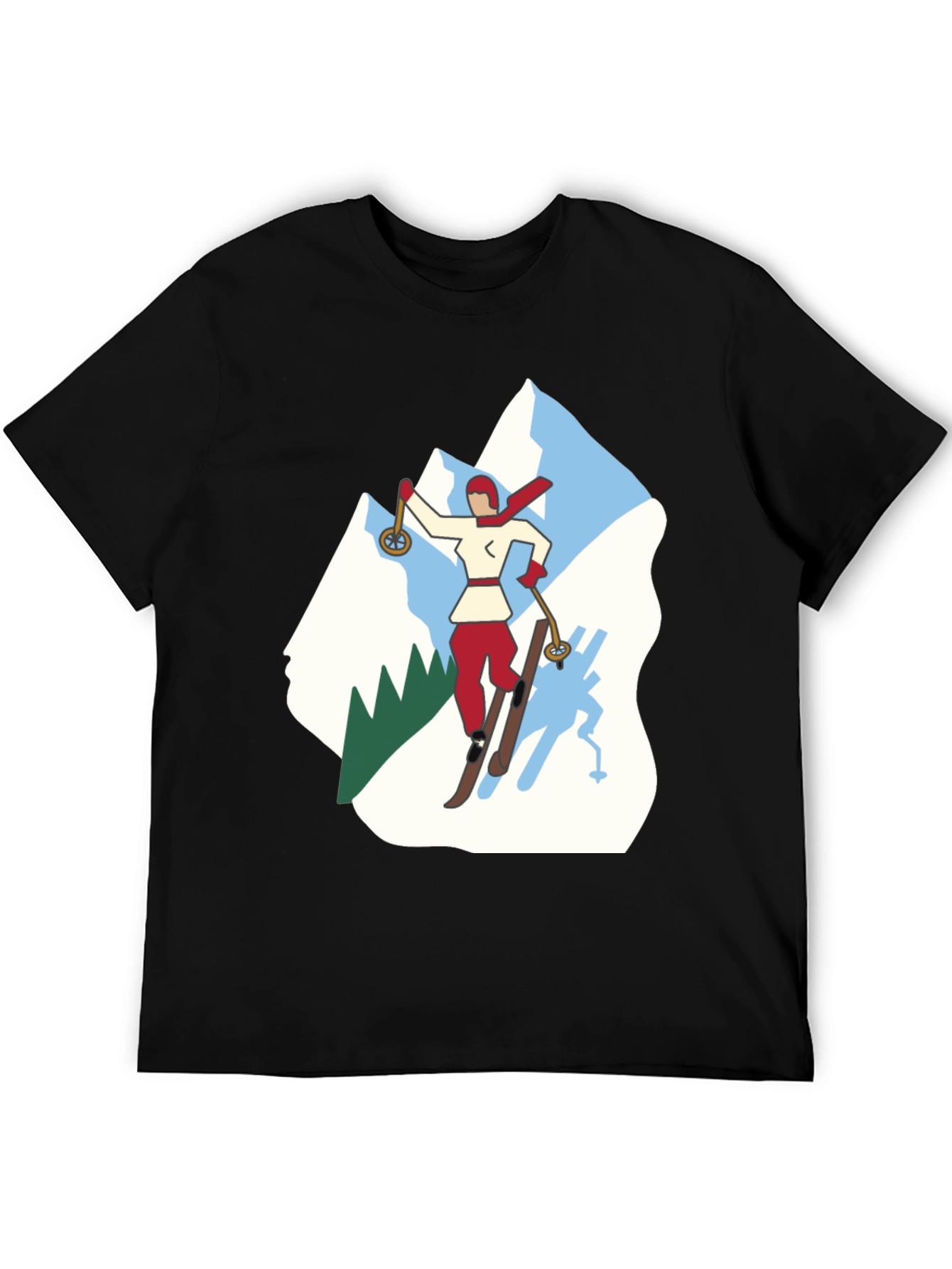 Retro Skiing Graphic Tee - Black Cotton T-Shirt