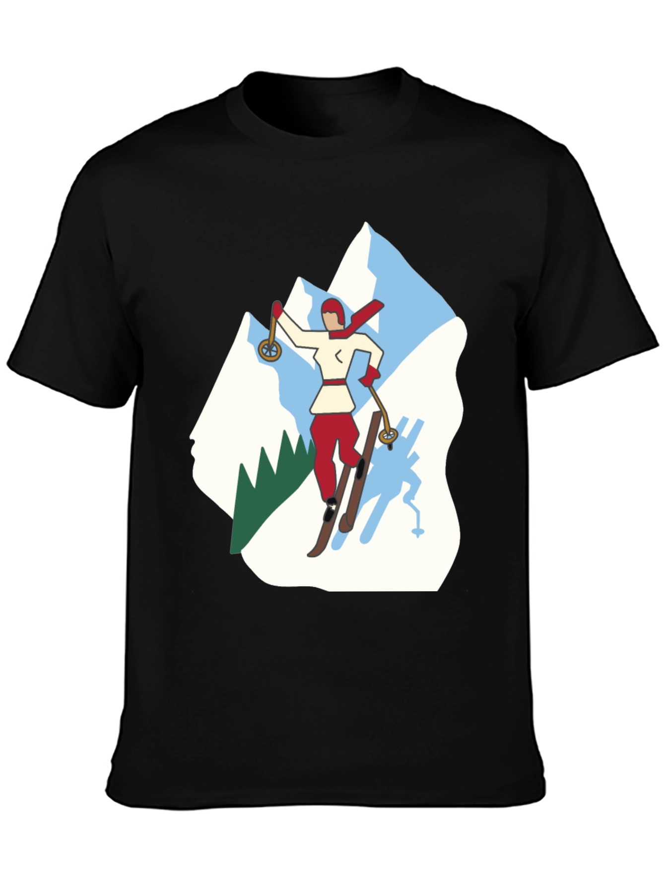 Retro Skiing Graphic Tee - Black Cotton T-Shirt