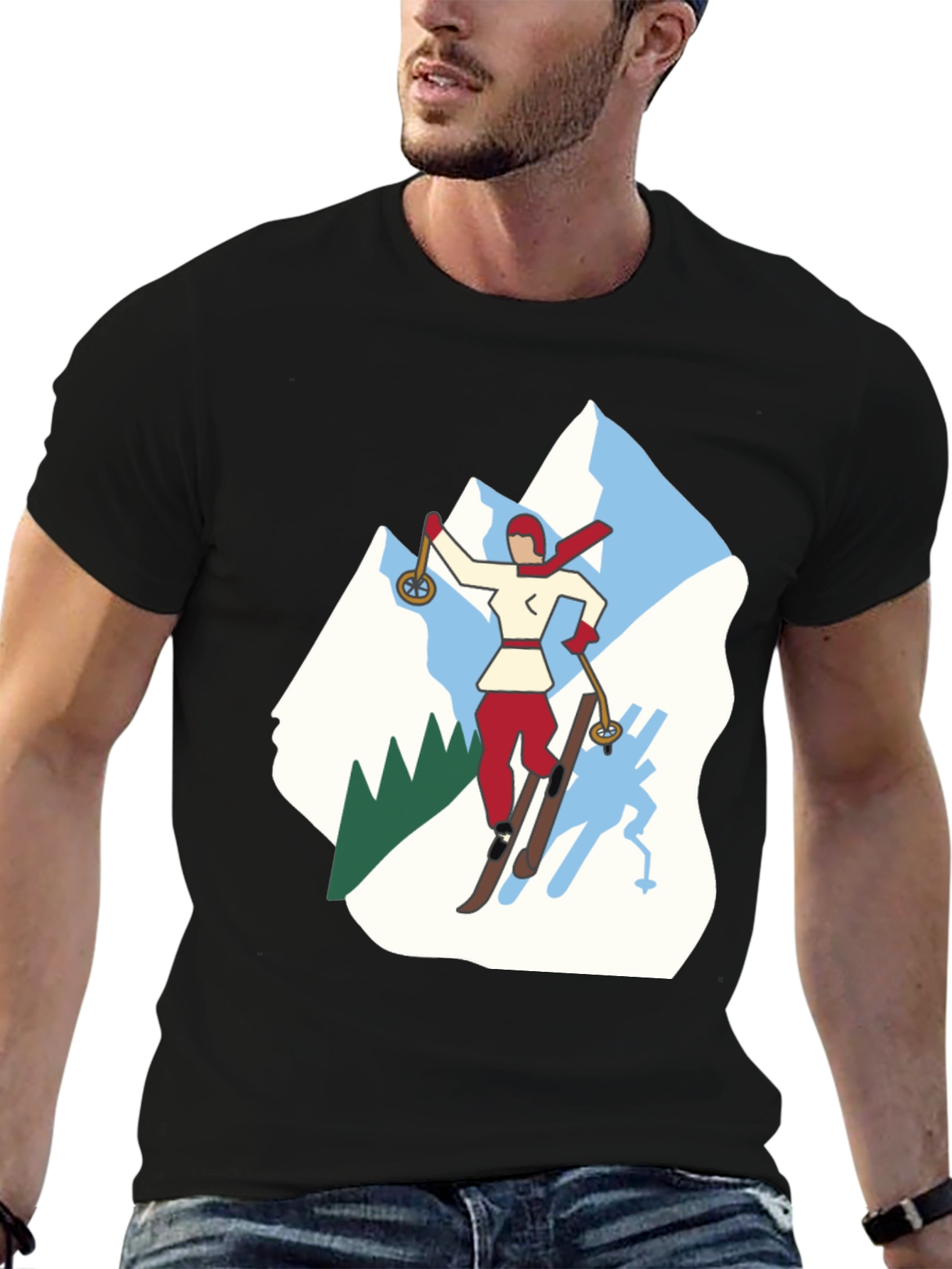 Retro Skiing Graphic Tee - Black Cotton T-Shirt