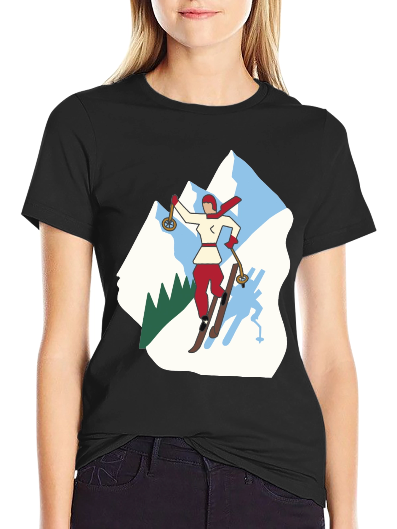 Retro Skiing Graphic Tee - Black Cotton T-Shirt