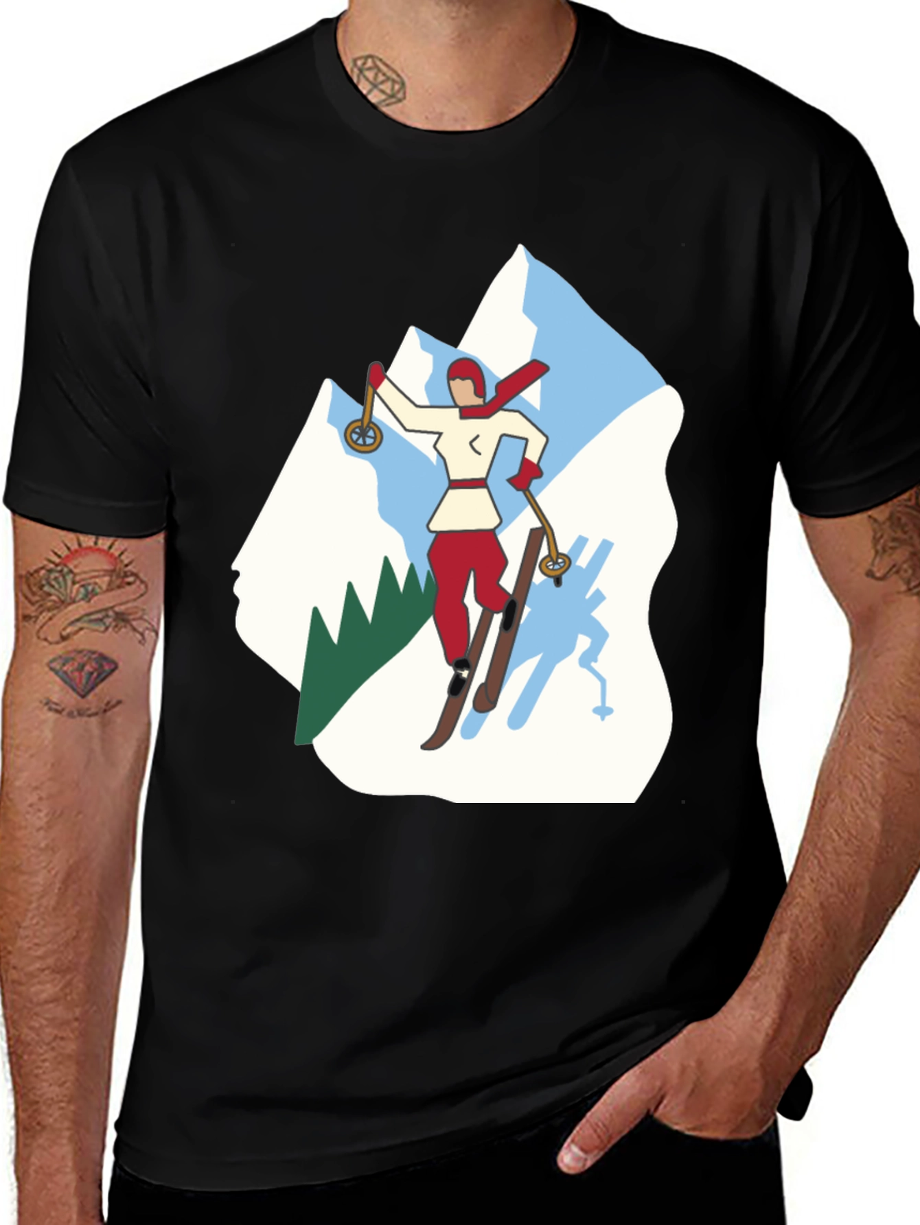 Retro Skiing Graphic Tee - Black Cotton T-Shirt