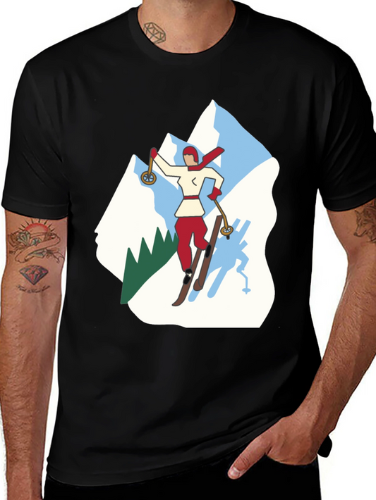 Retro Skiing Graphic Tee - Black Cotton T-Shirt