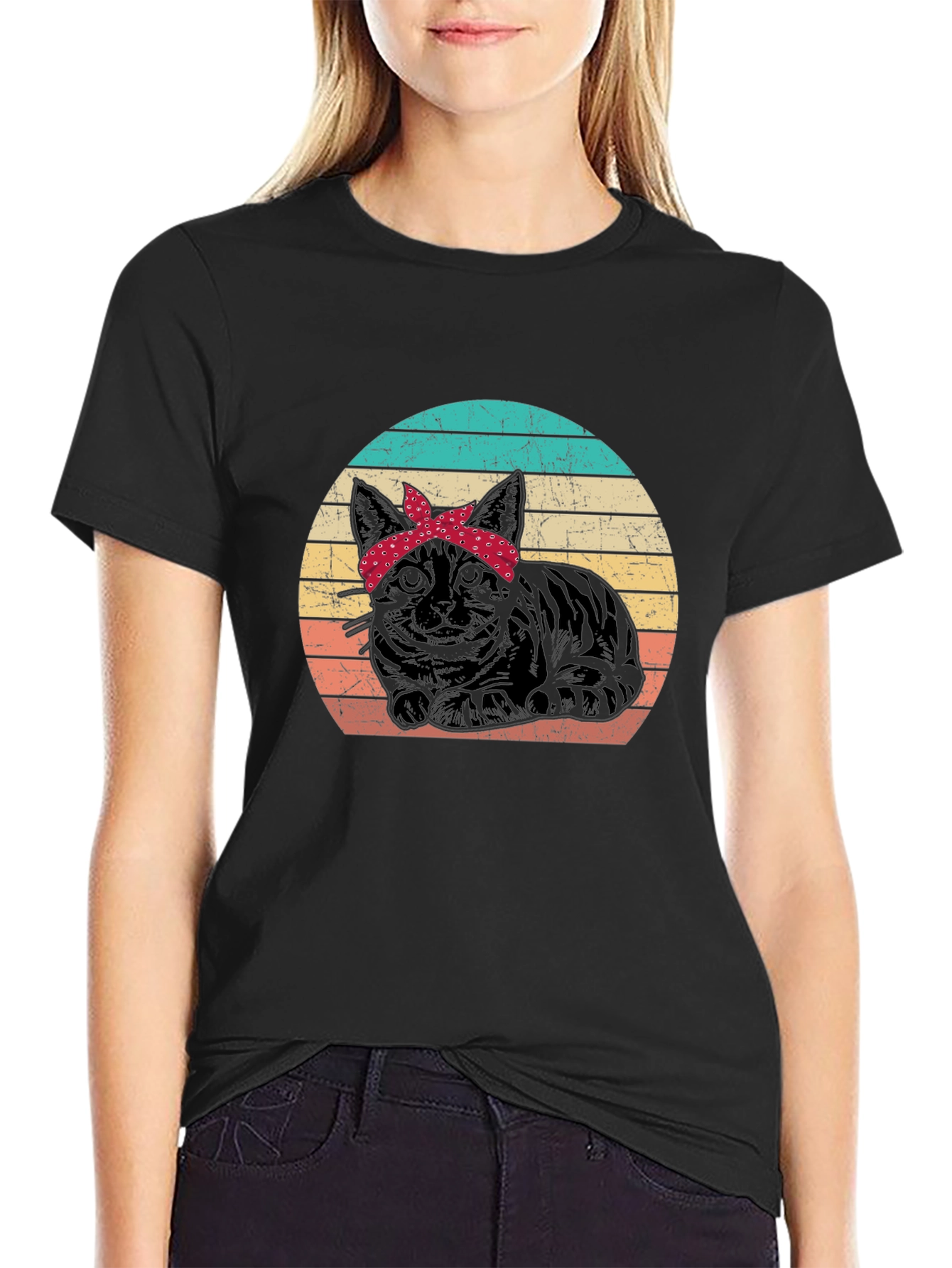 Retro Cat Bandana Graphic T-Shirt