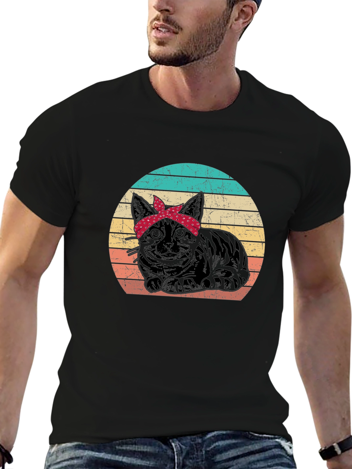 Retro Cat Bandana Graphic T-Shirt
