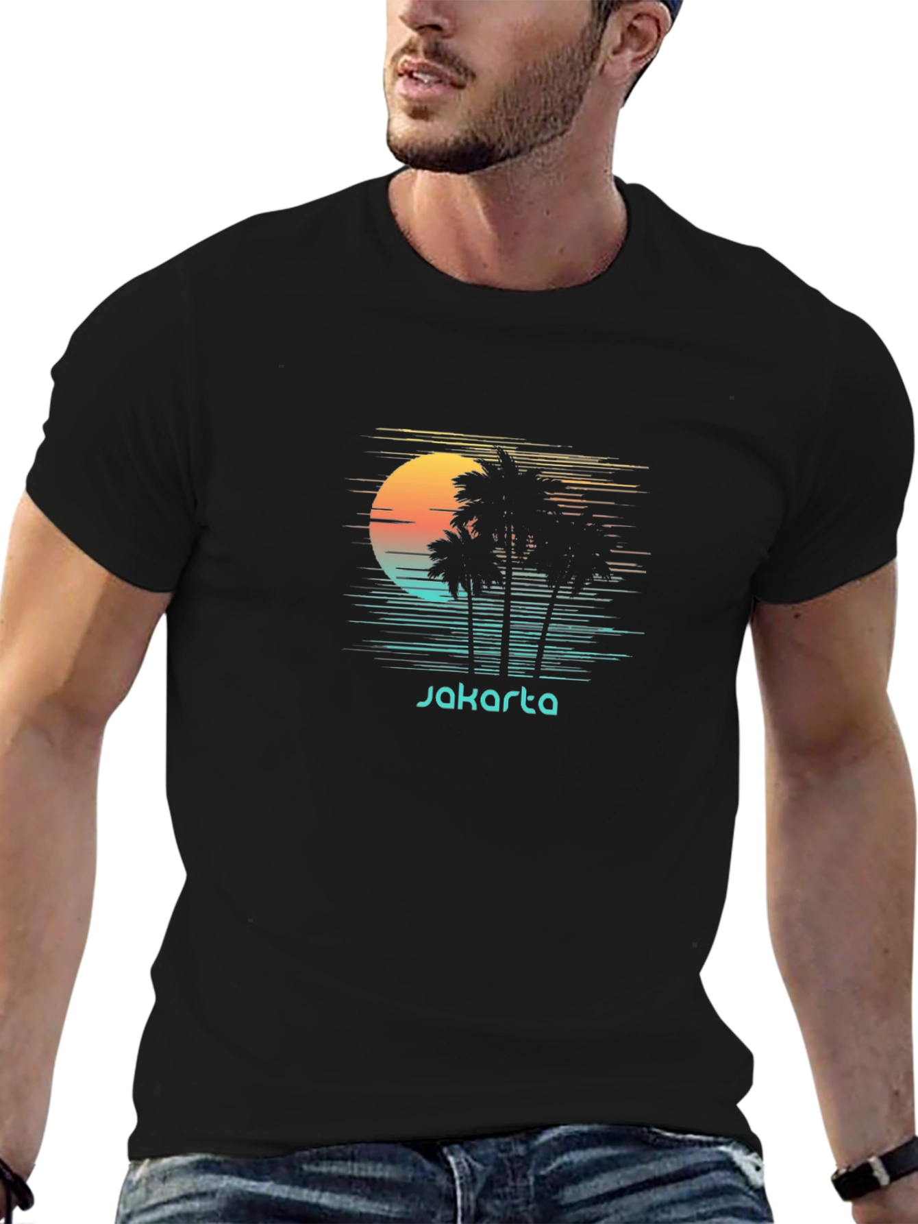 Jakarta Sunset Palm Tee - Retro Vacation Shirt