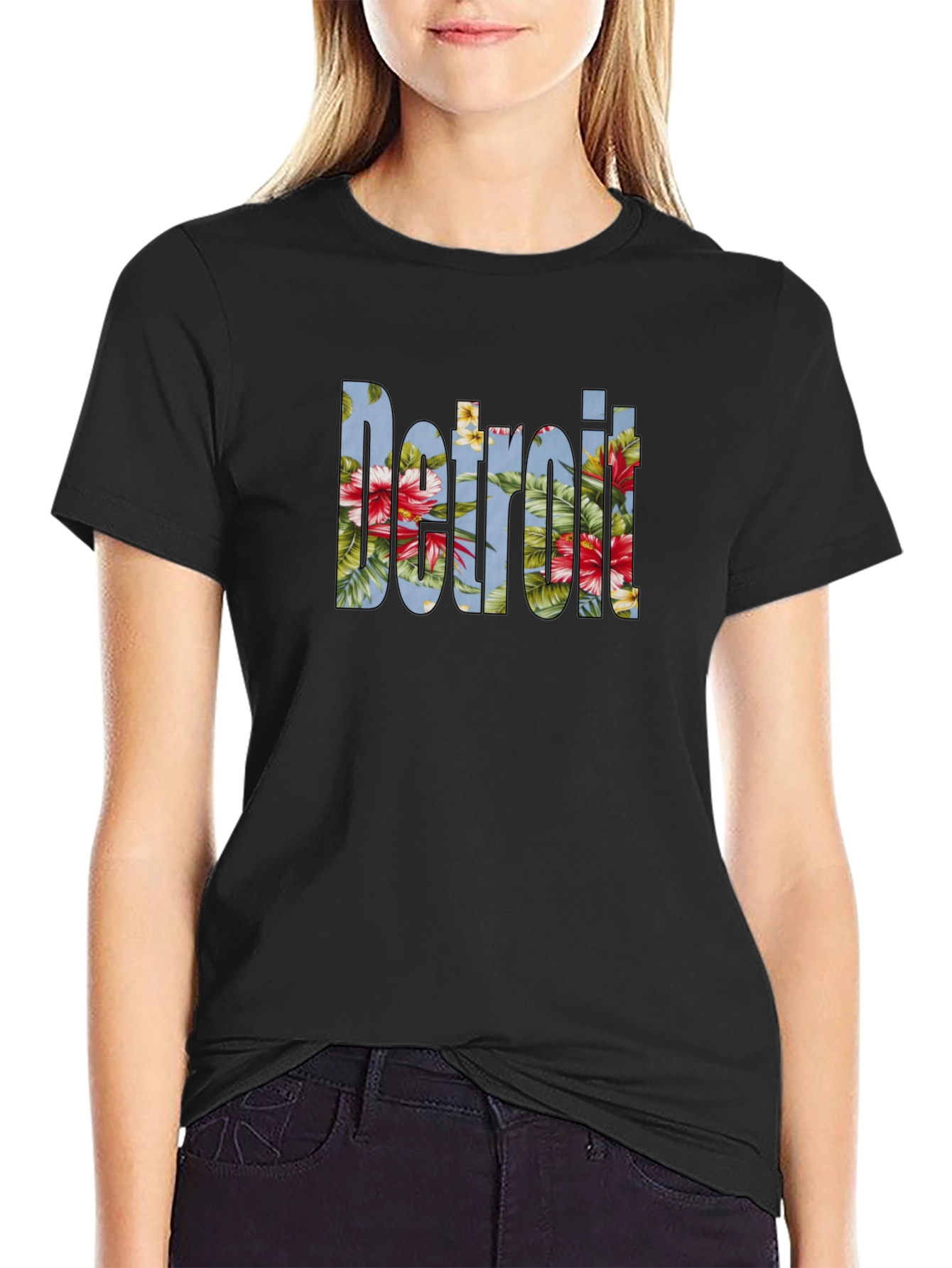 Floral Detroit Graphic Tee - Casual Black T-Shirt