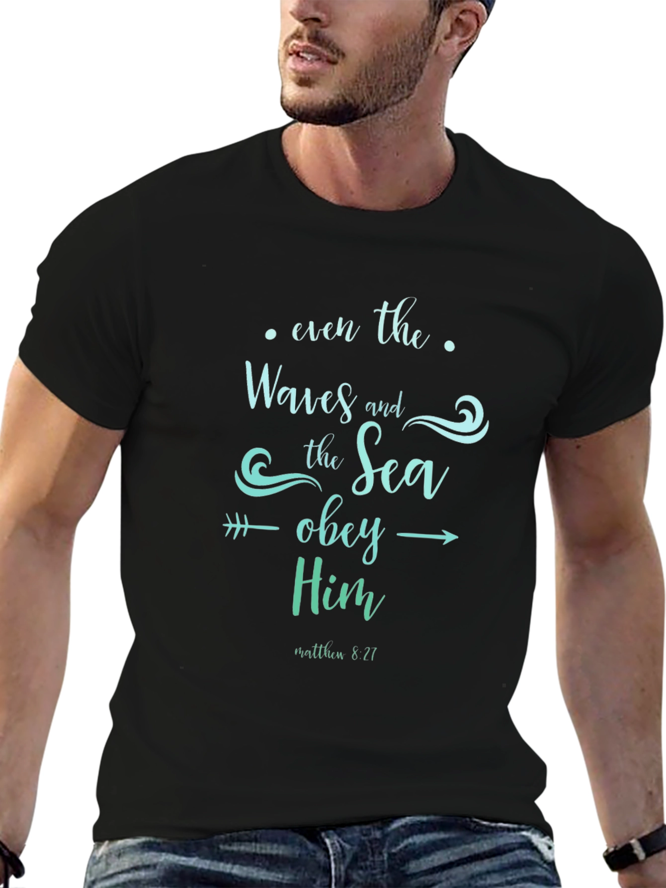 Christian Waves and Sea Obey Him Black T-Shirt