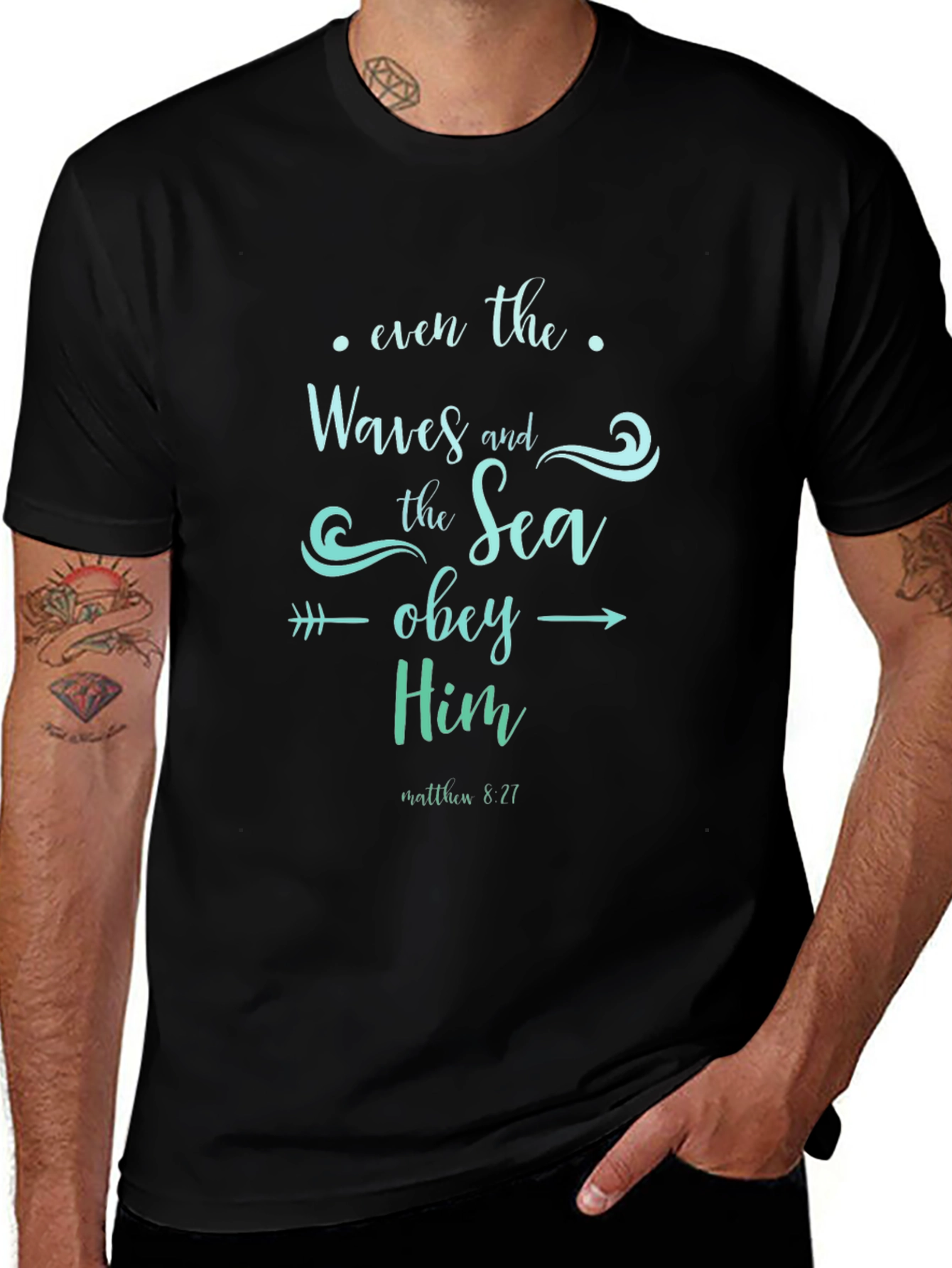Christian Waves and Sea Obey Him Black T-Shirt