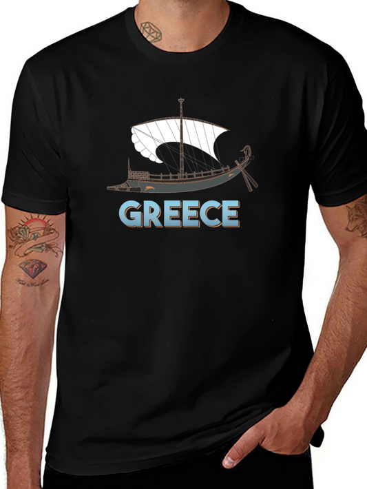 Greece Ancient Ship Graphic Tee - Black