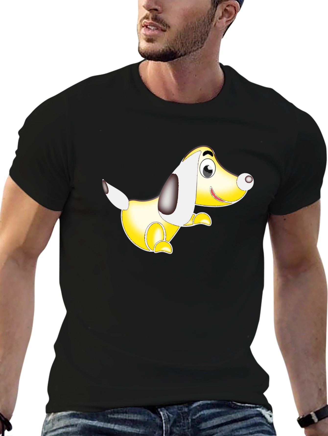 Black T-Shirt with Cartoon Dog Graphic