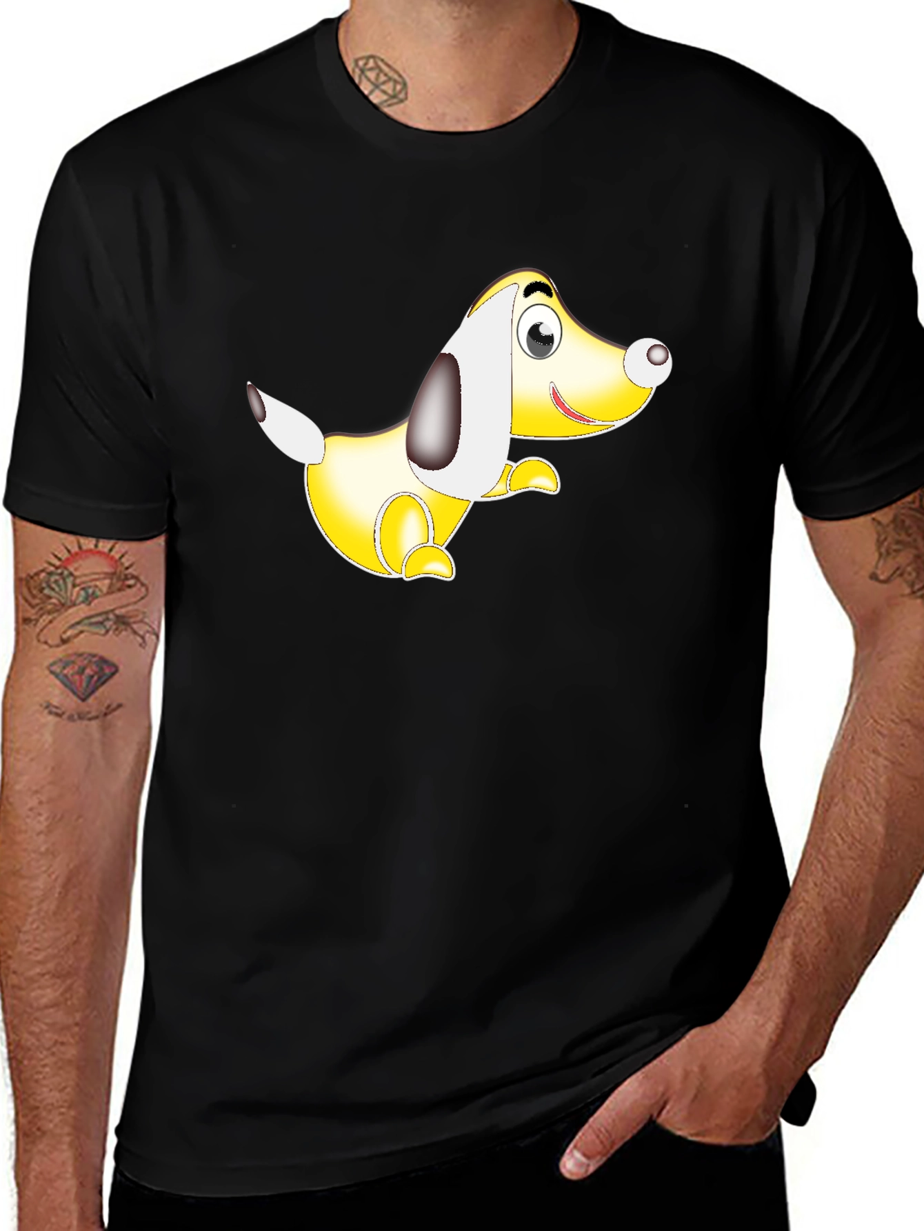 Black T-Shirt with Cartoon Dog Graphic