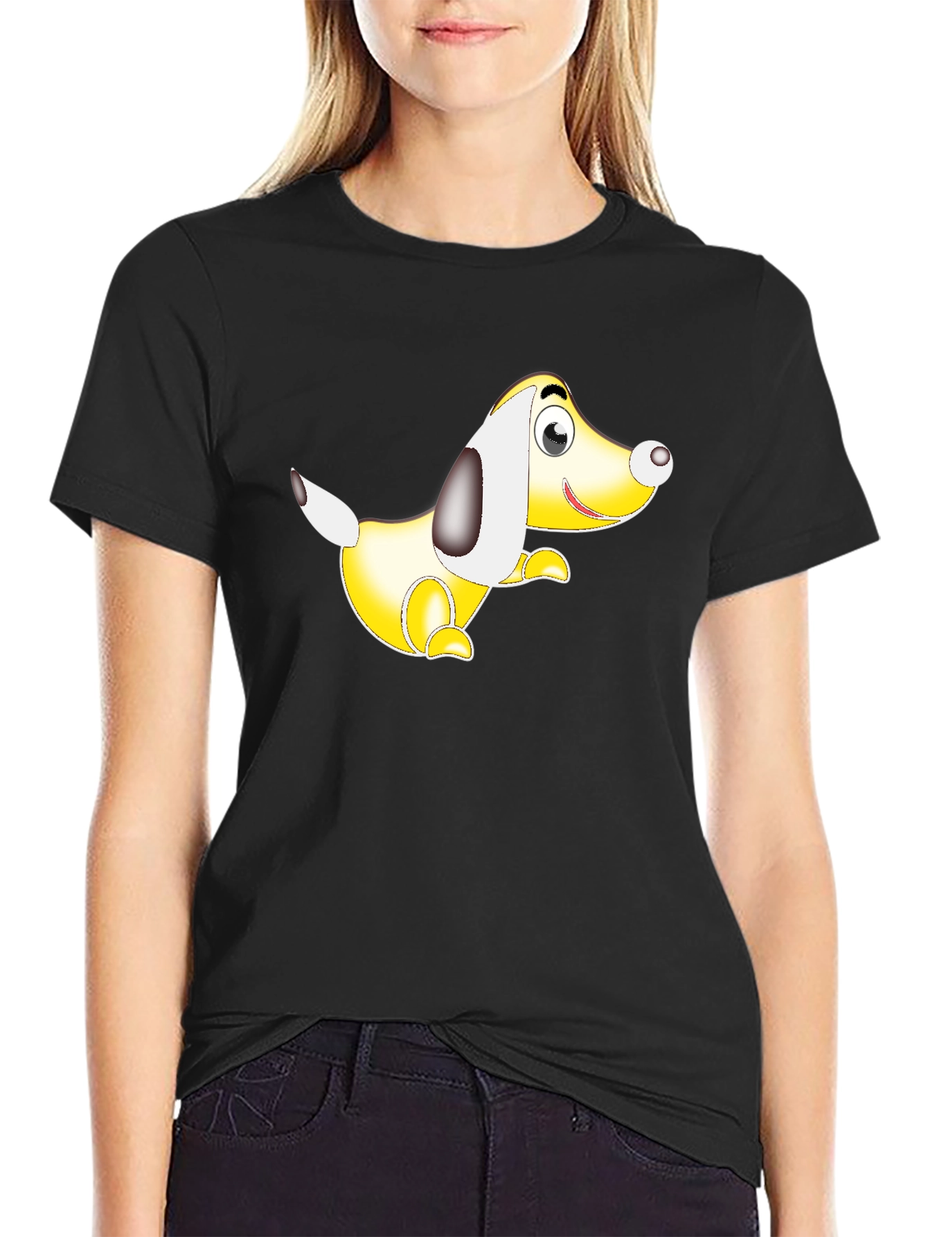 Black T-Shirt with Cartoon Dog Graphic