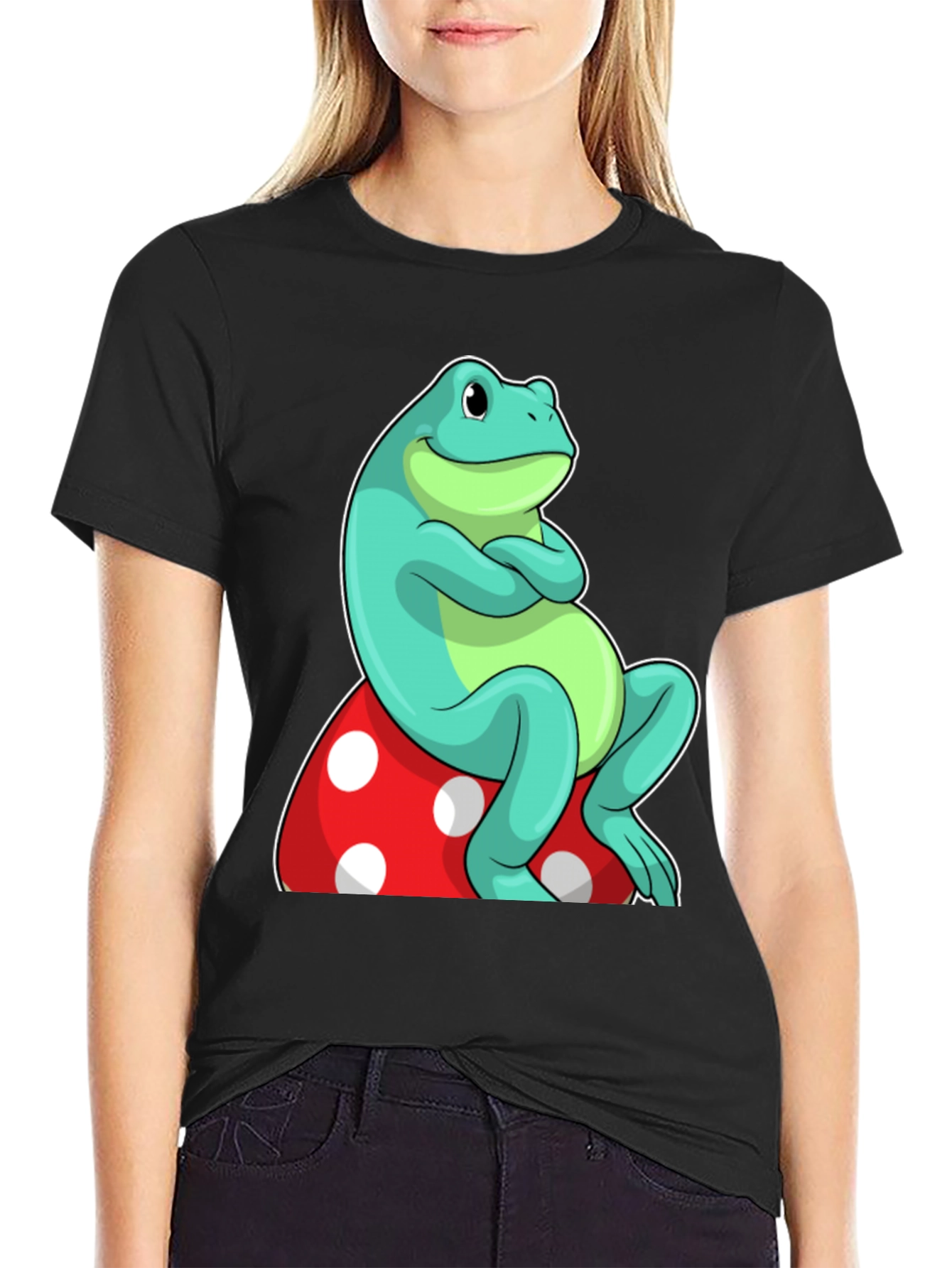 Frog on Mushroom Graphic Tee - Unique Cartoon Design