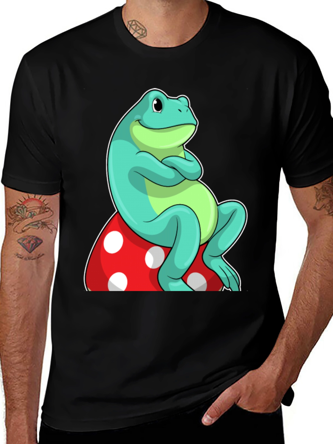 Frog on Mushroom Graphic Tee - Unique Cartoon Design