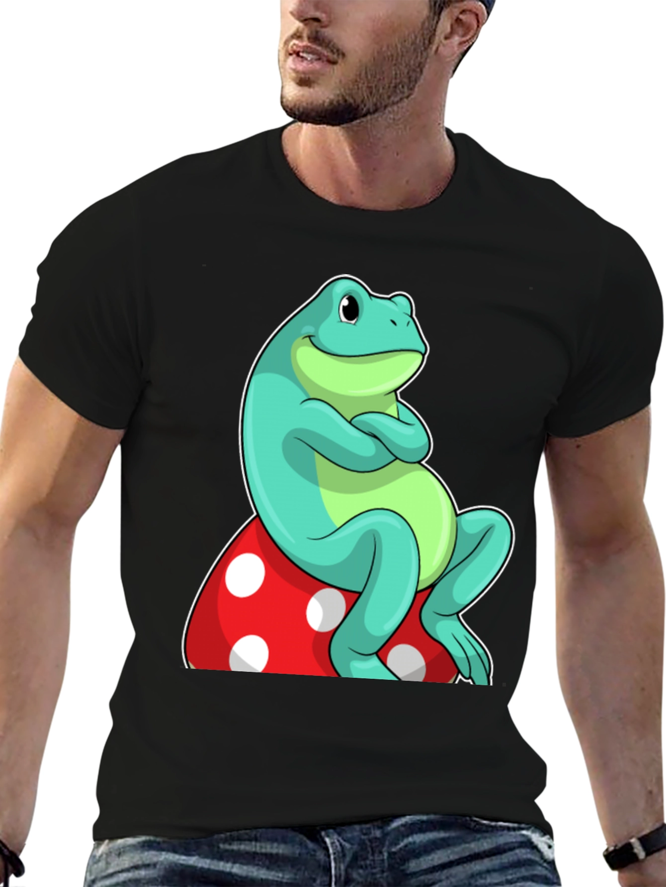 Frog on Mushroom Graphic Tee - Unique Cartoon Design