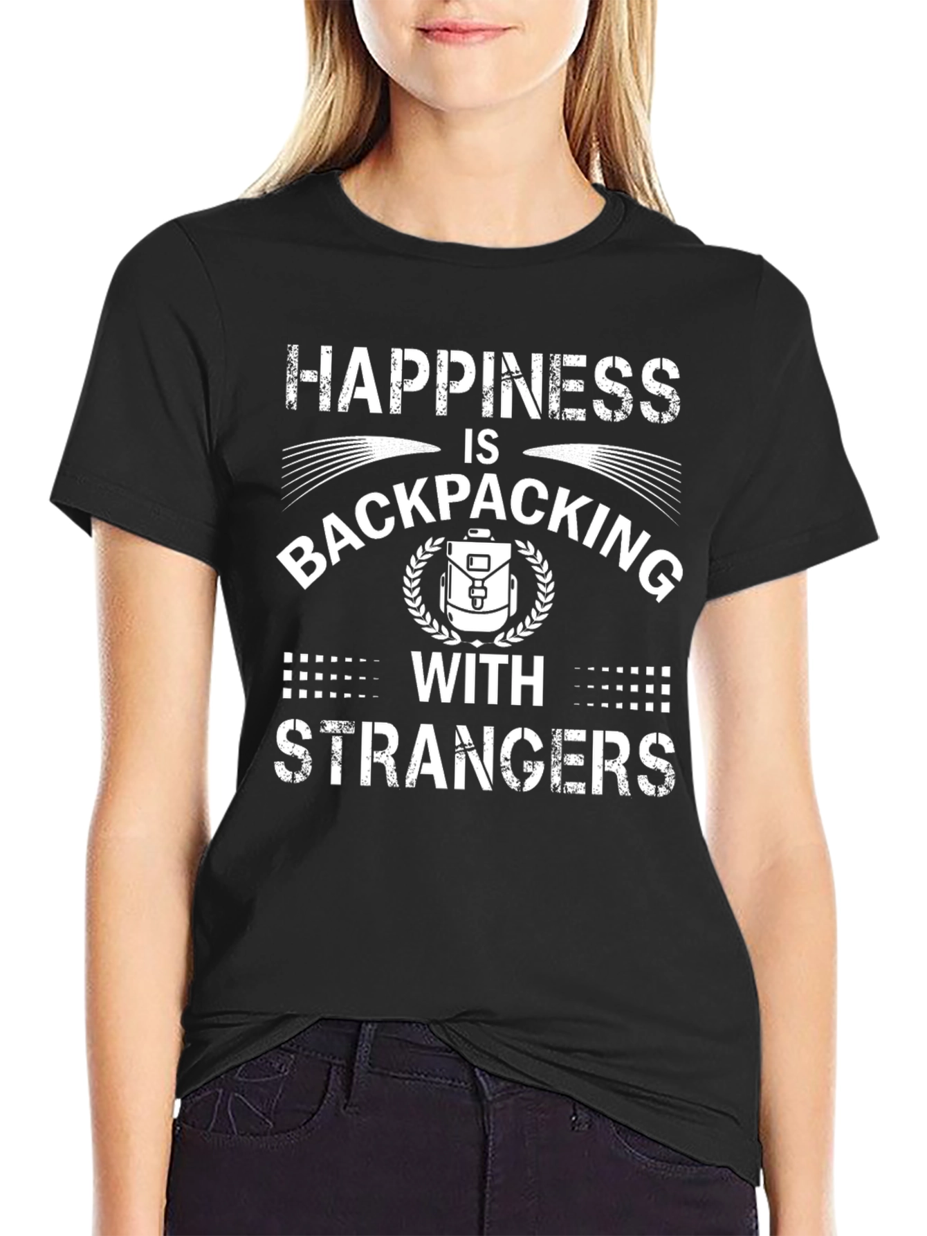 Happiness Backpacking Strangers Black Graphic Tee