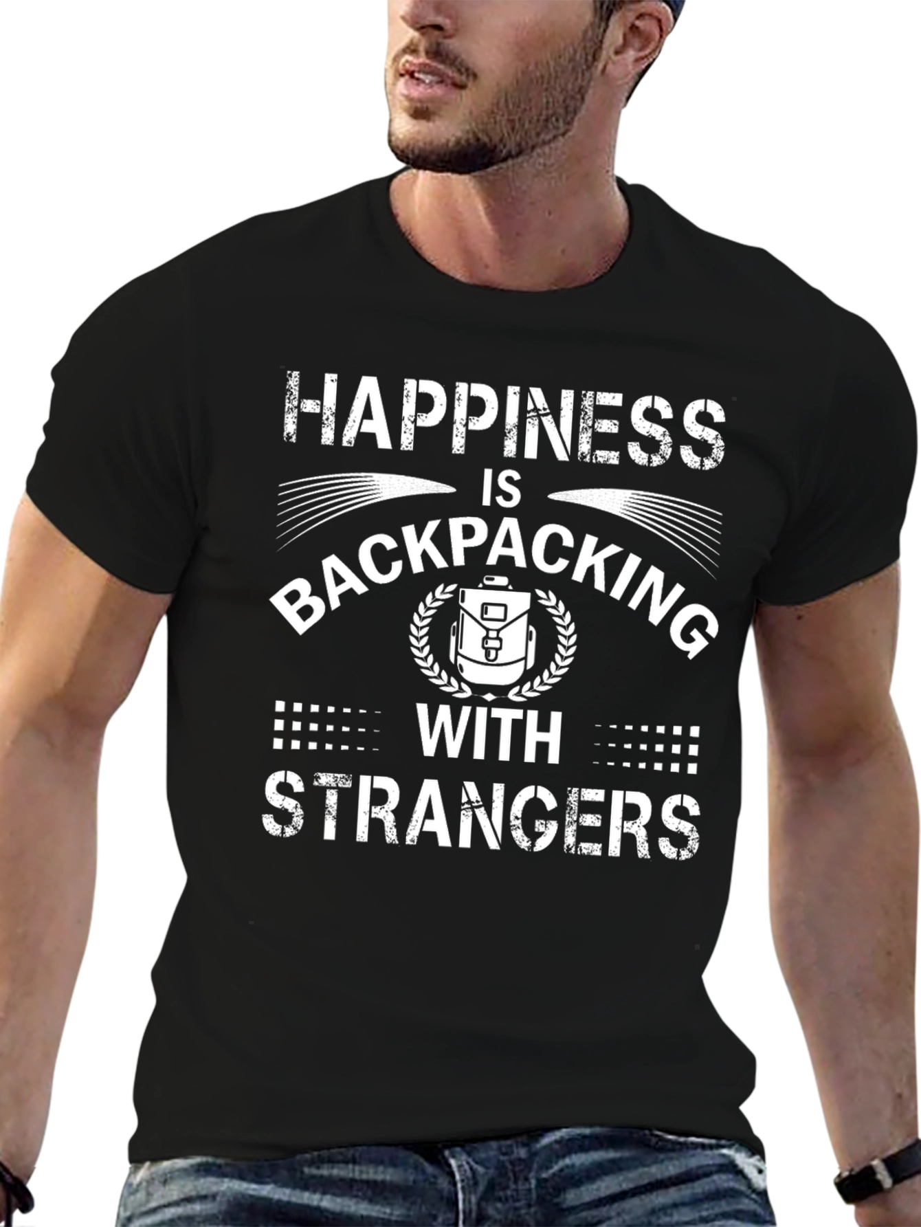 Happiness Backpacking Strangers Black Graphic Tee