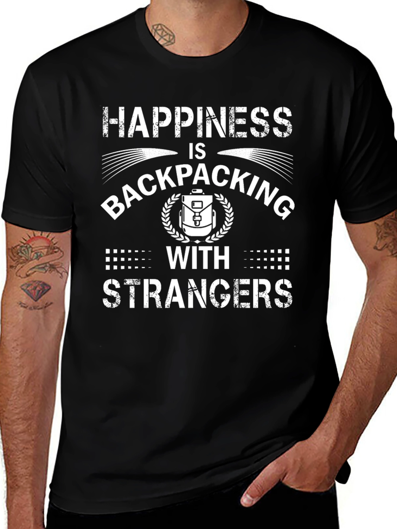 Happiness Backpacking Strangers Black Graphic Tee
