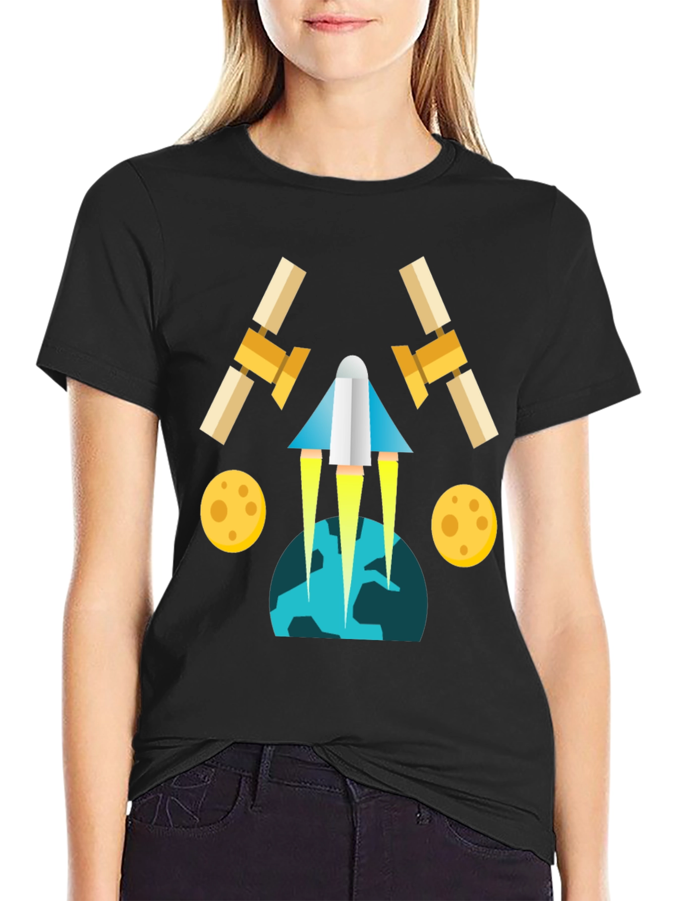 Space Travel Graphic Tee - Black Cotton Blend