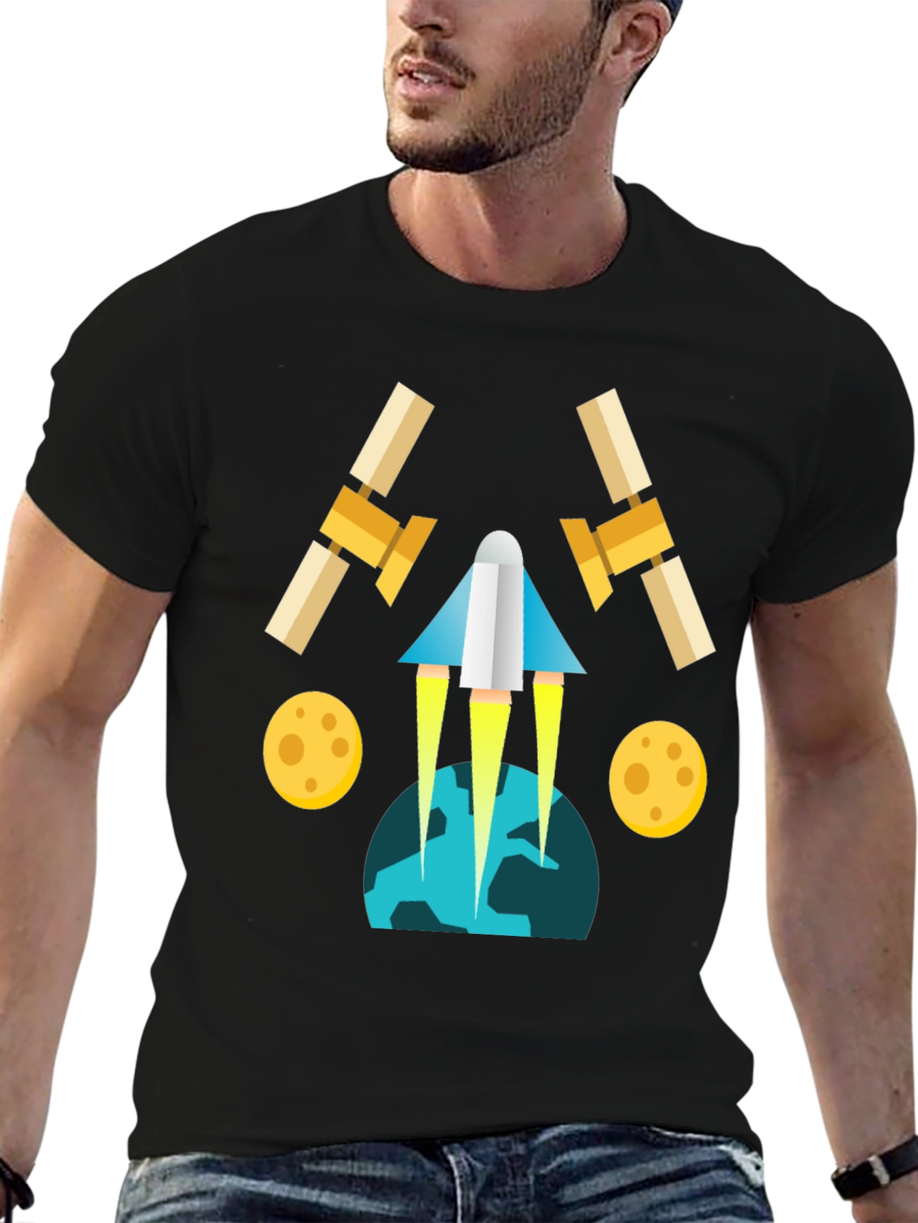 Space Travel Graphic Tee - Black Cotton Blend