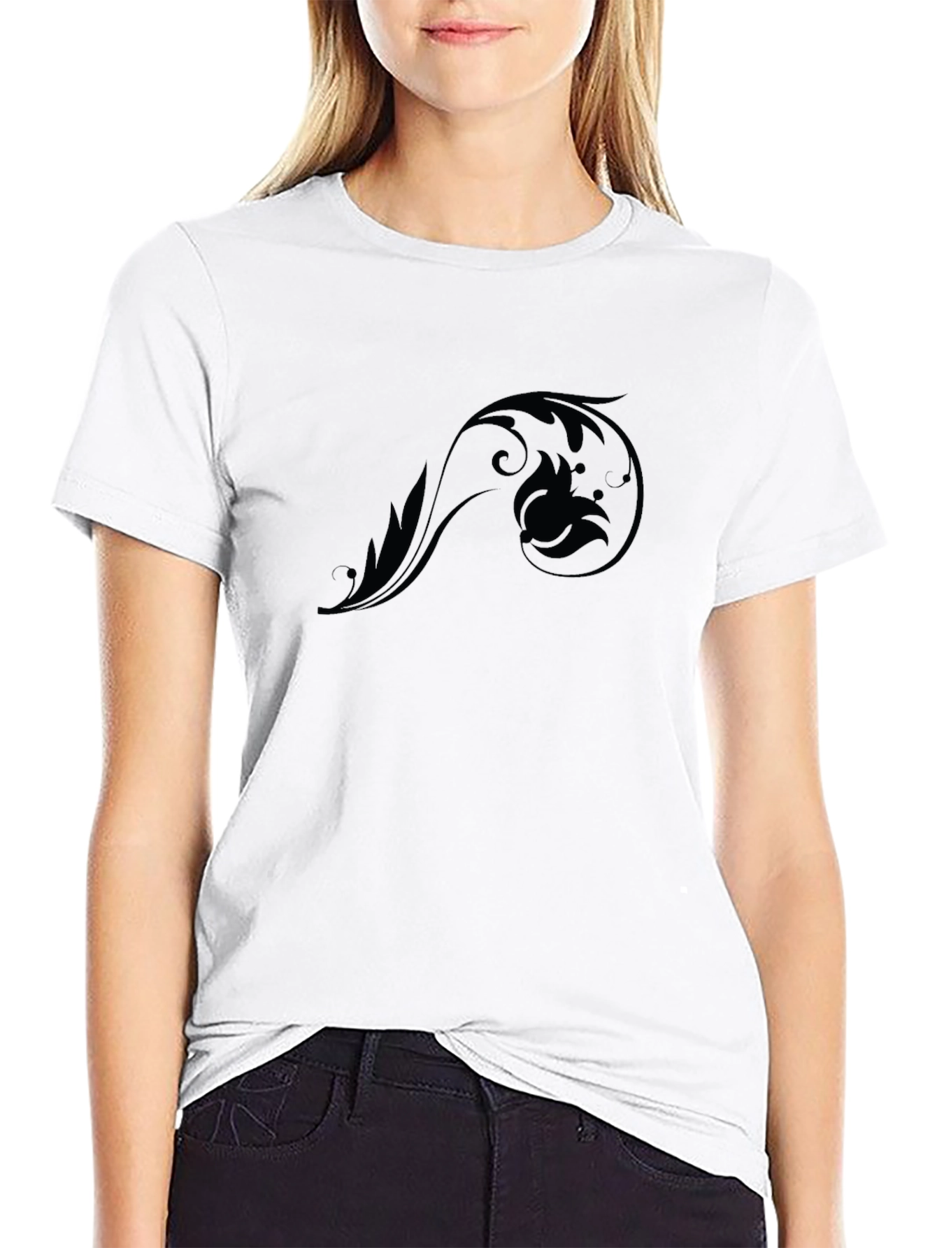 Black Graphic Tee - Floral Scroll Design