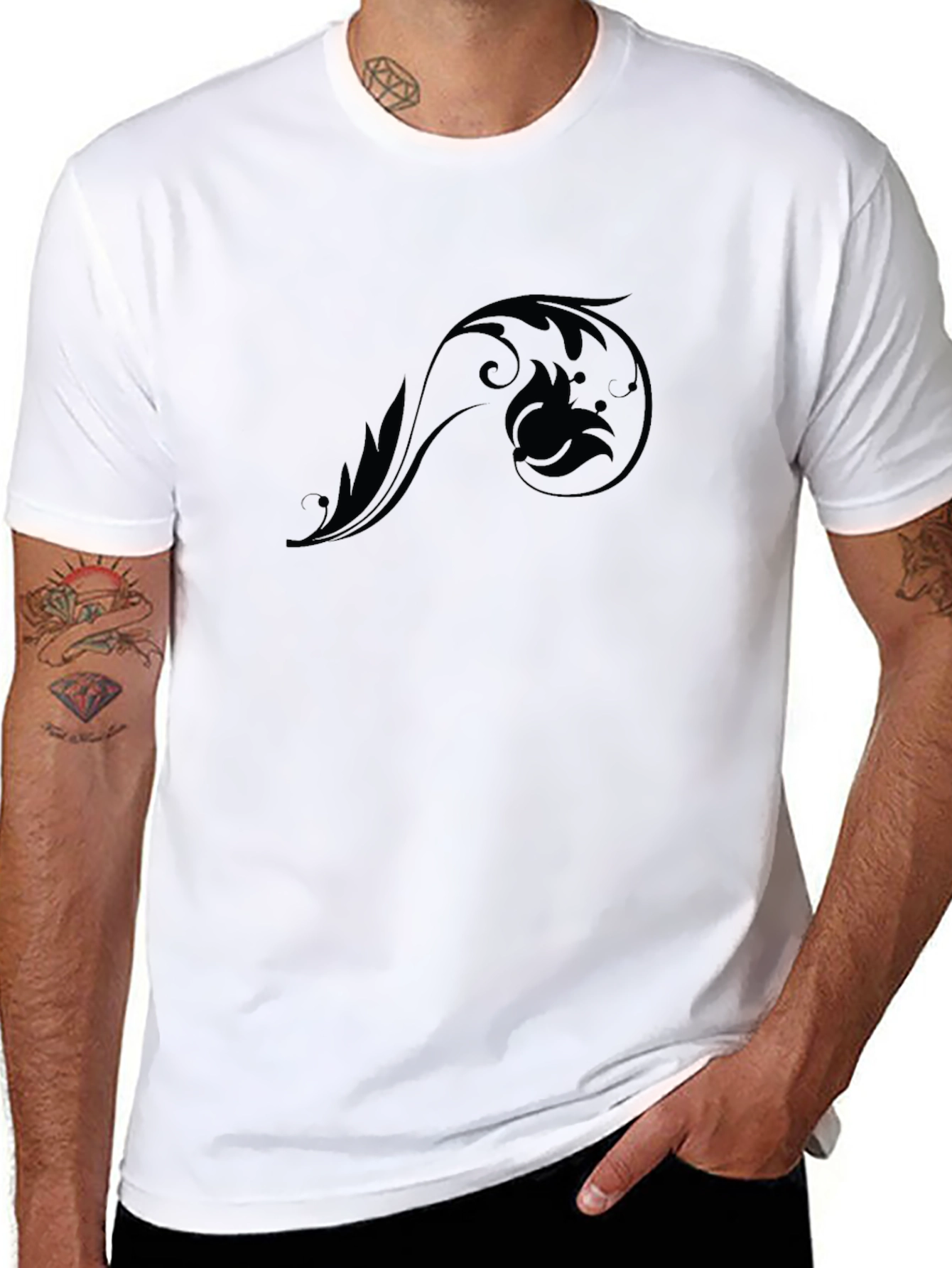 Black Graphic Tee - Floral Scroll Design