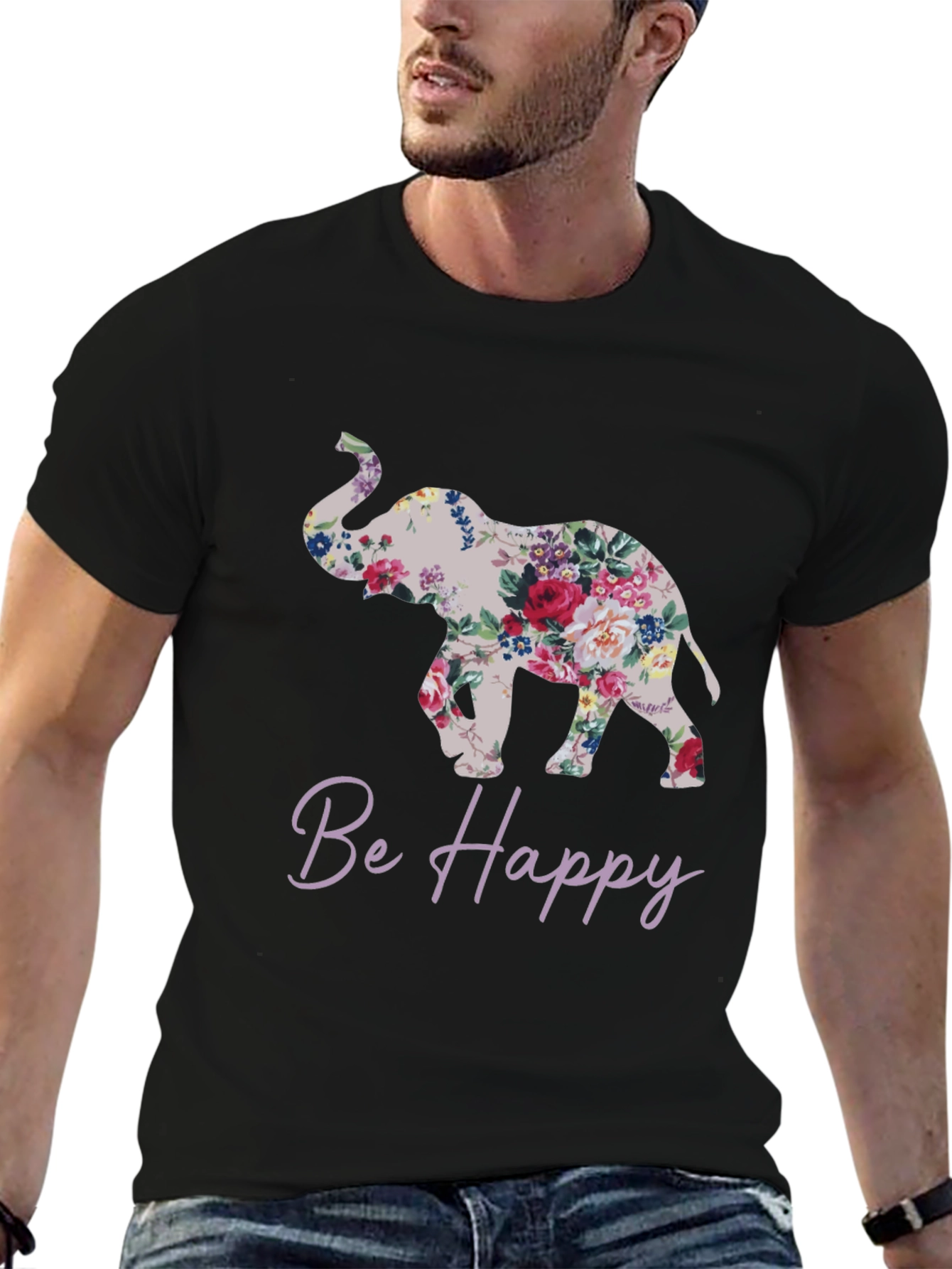 Floral Elephant Graphic Tee - Be Happy