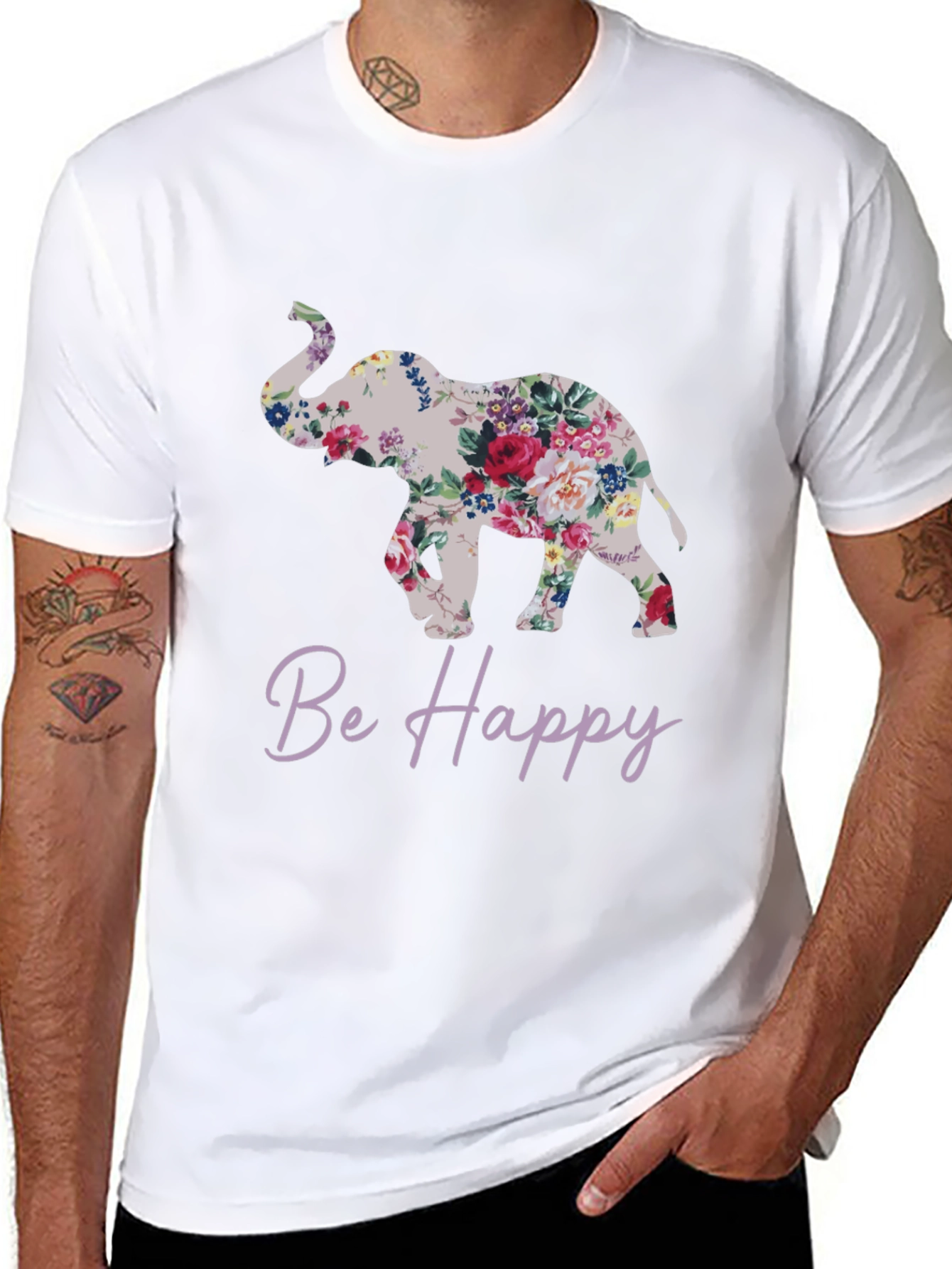 Floral Elephant Graphic Tee - Be Happy