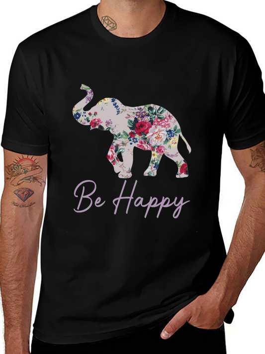 Floral Elephant Graphic Tee - Be Happy