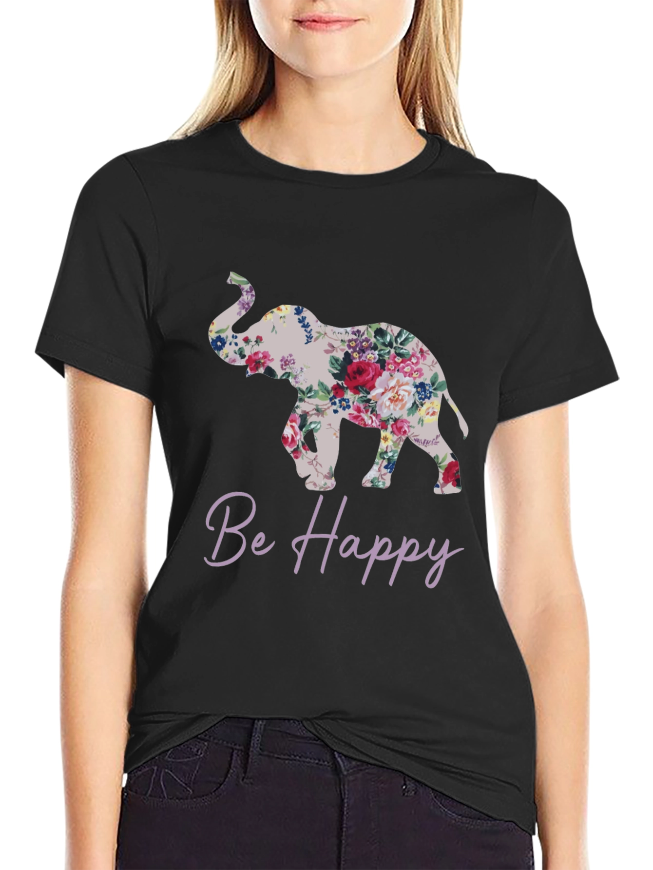 Floral Elephant Graphic Tee - Be Happy