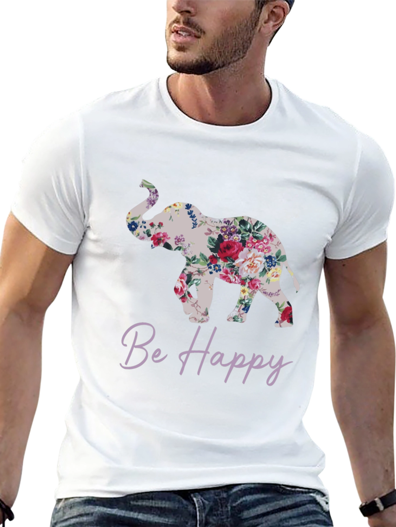 Floral Elephant Graphic Tee - Be Happy