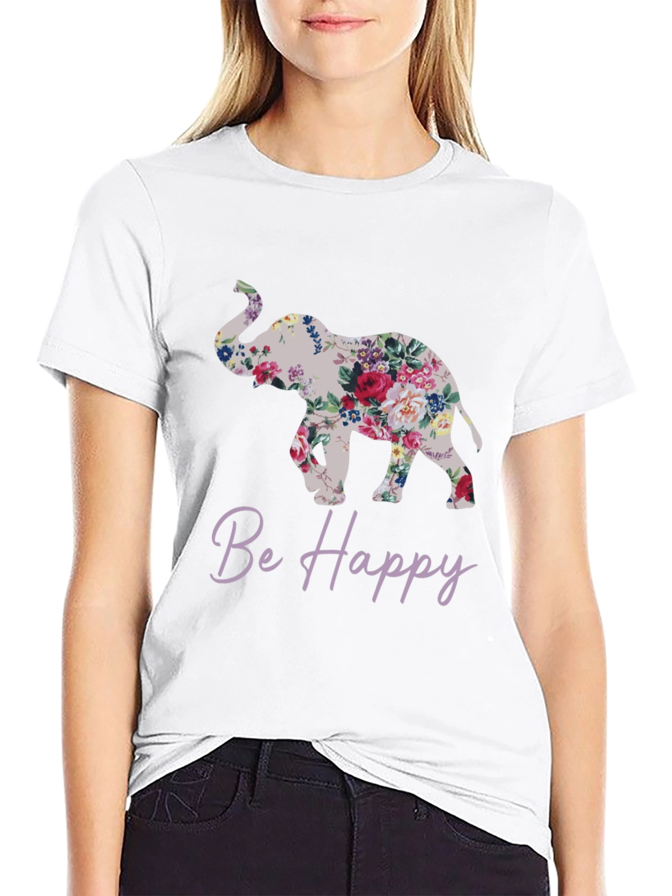 Floral Elephant Graphic Tee - Be Happy