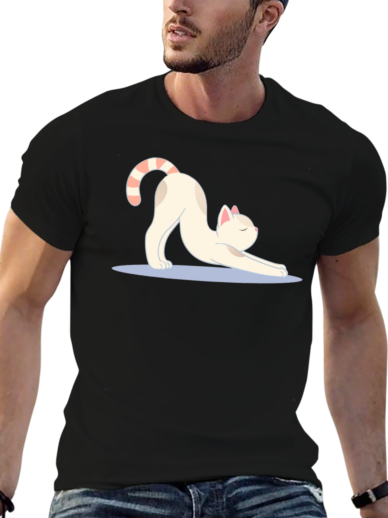 Stretching Cat Graphic Tee - Soft Black Cotton T-Shirt