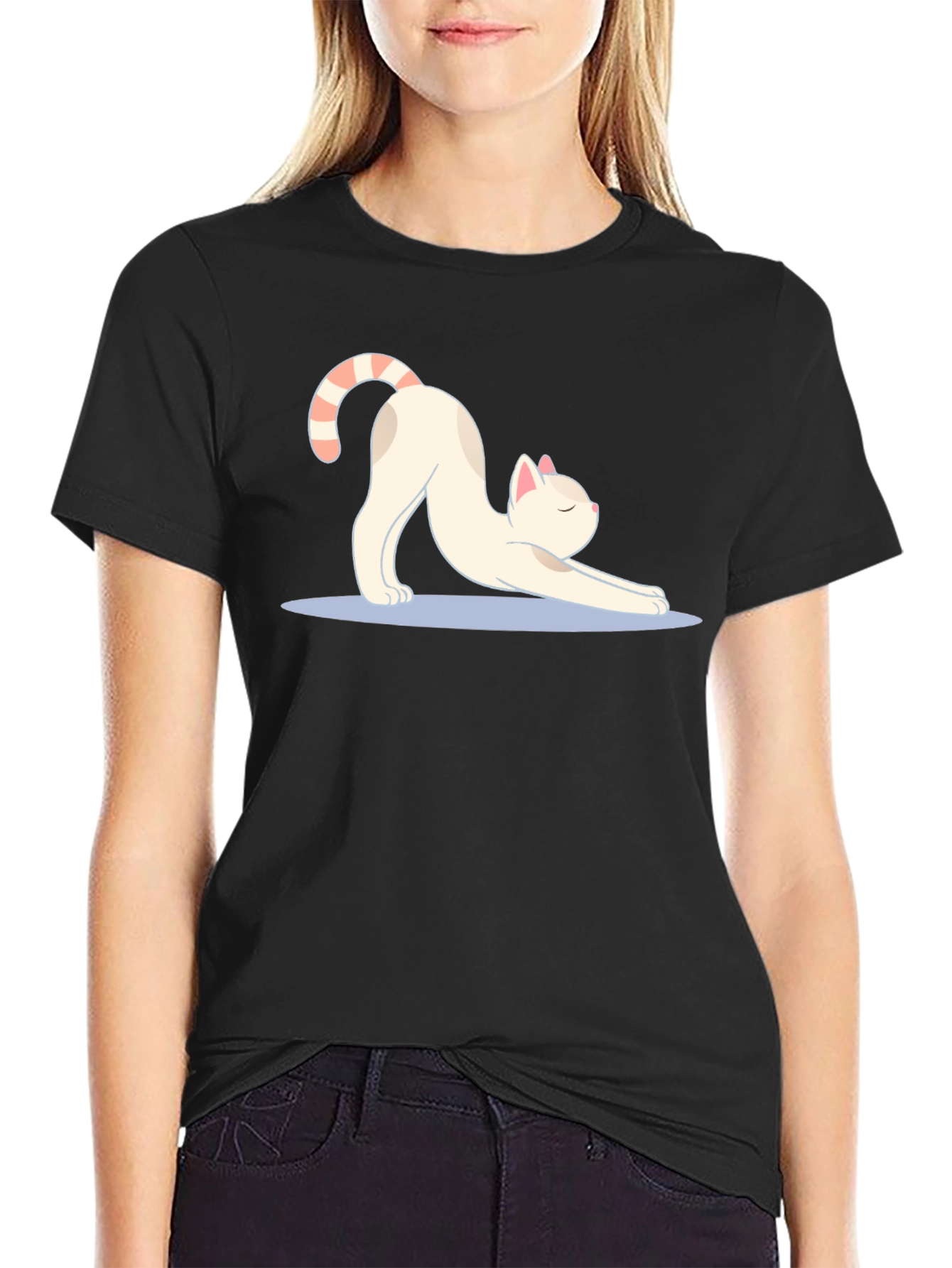 Stretching Cat Graphic Tee - Soft Black Cotton T-Shirt