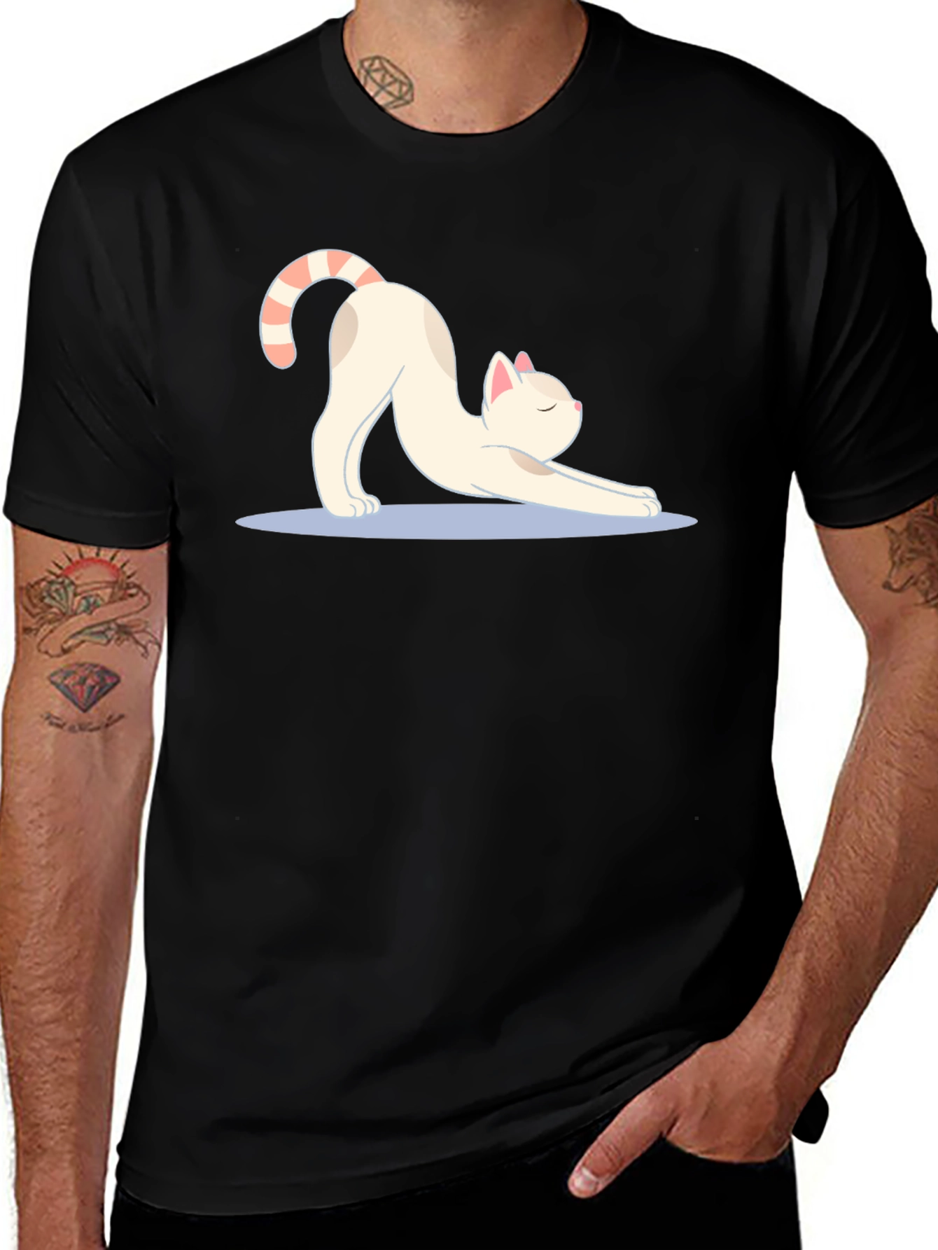 Stretching Cat Graphic Tee - Soft Black Cotton T-Shirt