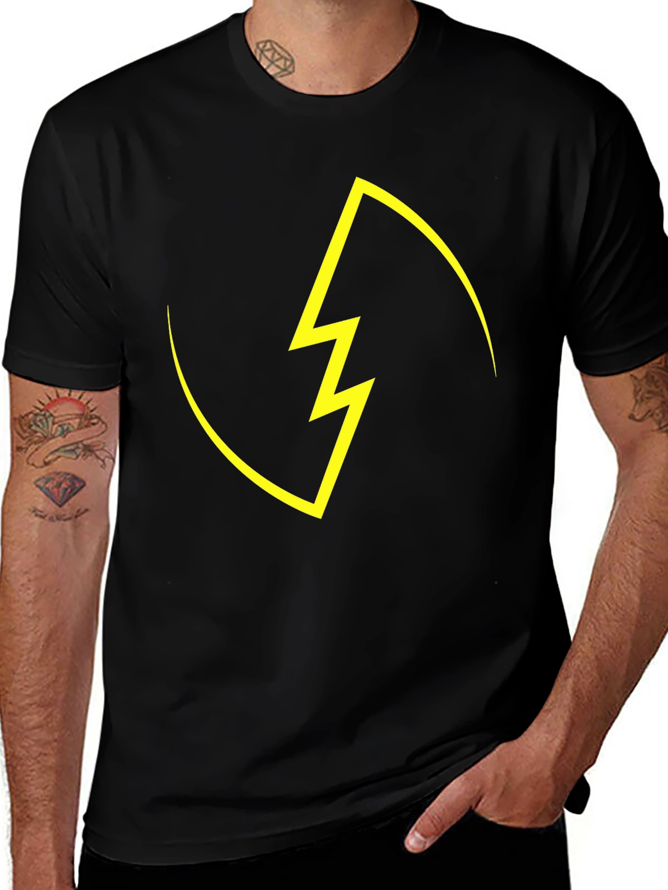 Black T-Shirt with Yellow Lightning Bolt Design